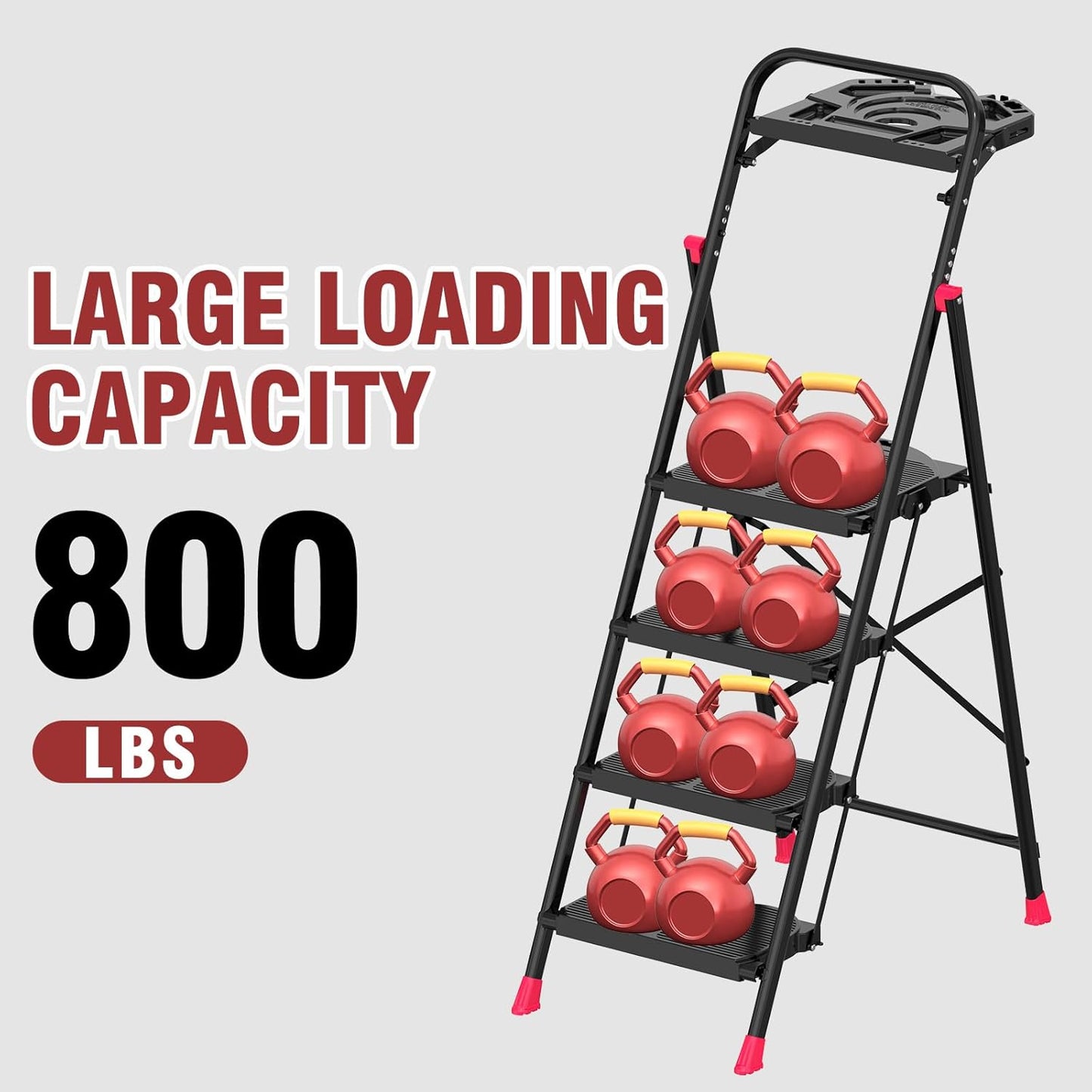 4 Step Foldable Step Ladder with Roomy Tool Tray, Platform Ladders Stepstools, Step Stool 4 Step Folding with Wide Non-Slip Pedals and 800lbs Bearing Capacity for Adults, Home, Kitchen, Black Red