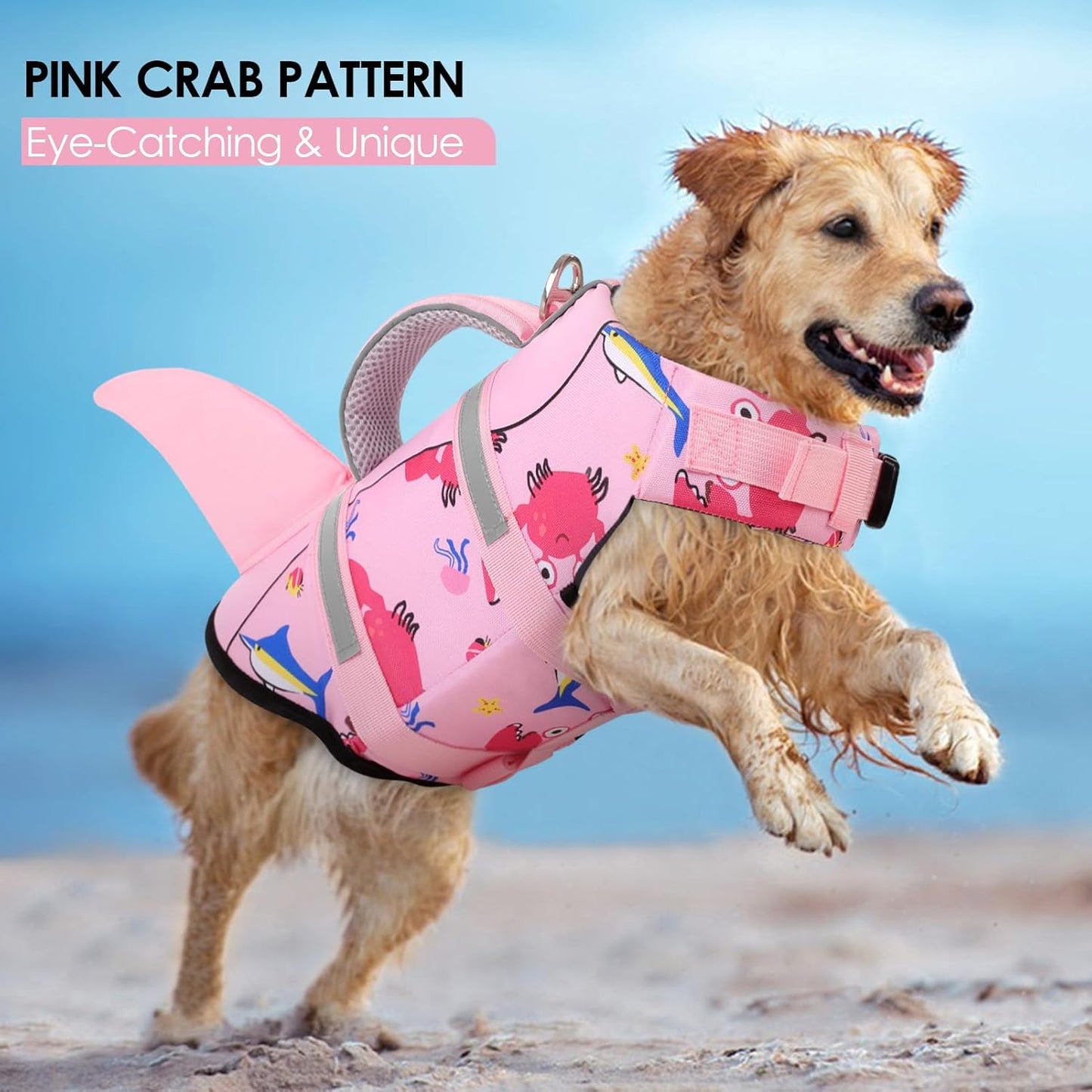 AOFITEE Dog Life Jacket, Dog Life Vest for Swimming, Shark Dogs Swimming Vest with Rescue Handle and Reflective Stripe, Ripstop Pet Float Coat Swimsuit Lifesaver Small Medium Large Dogs Pink S