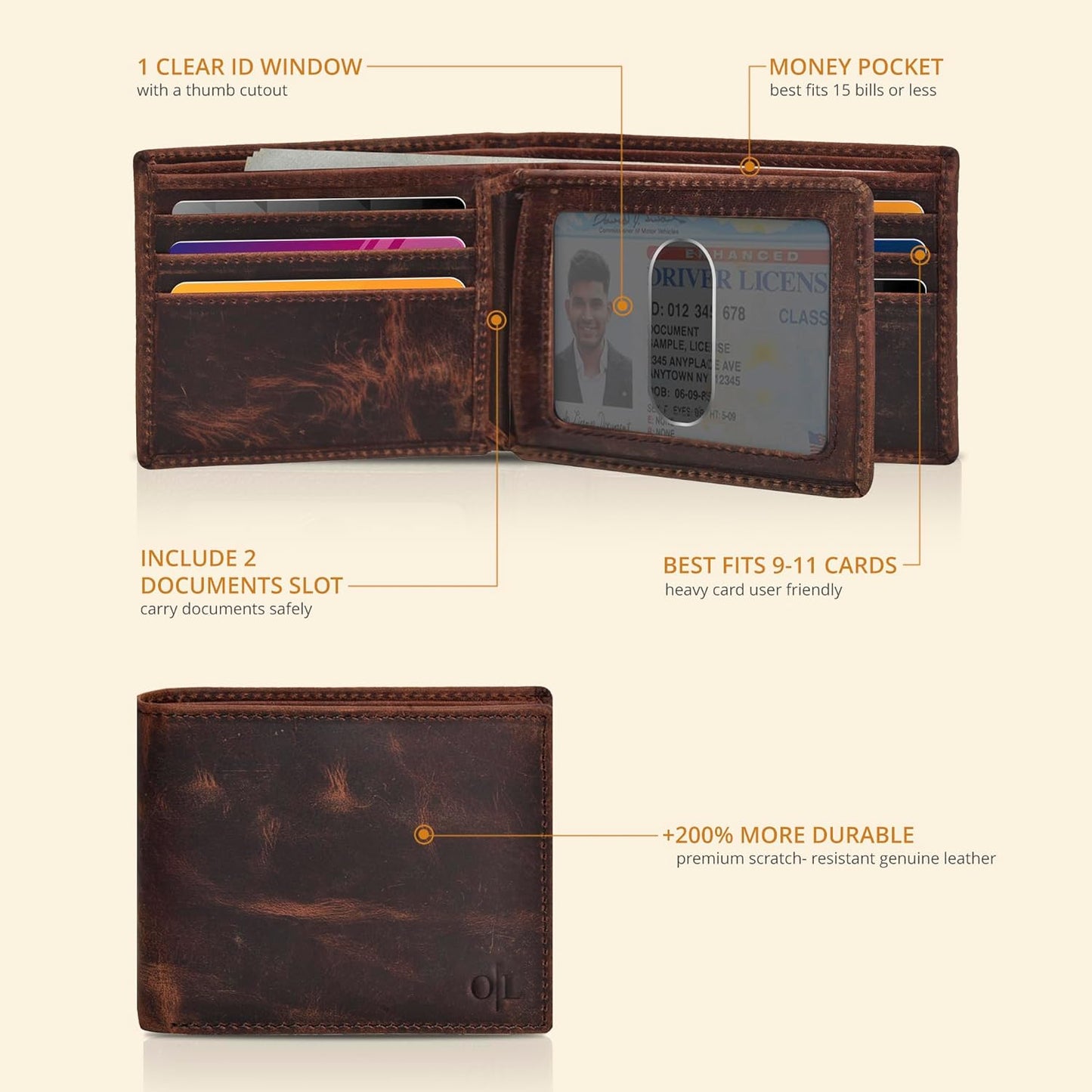 Oak Leathers Leather Wallet for Men - RFID Bifold Wallets with 9 Credit Cards 1 ID Window Slim Minimalist Front Pocket Gift For Men