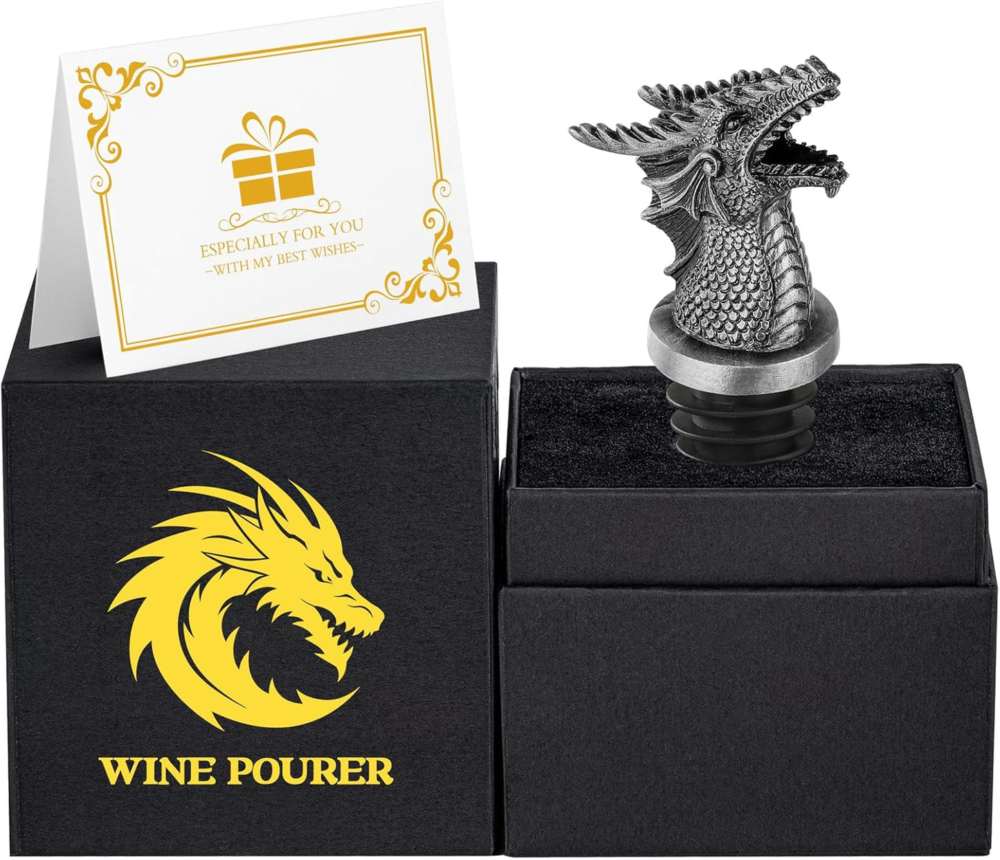 Dragon Head 2-In-1 Wine Bottle Pourer and Stopper, Gifts for Men Women Dragon Fans, Liquor Bottle Pourers Spout for Alcohol Spirits, Wine Accessories, Dark Silver