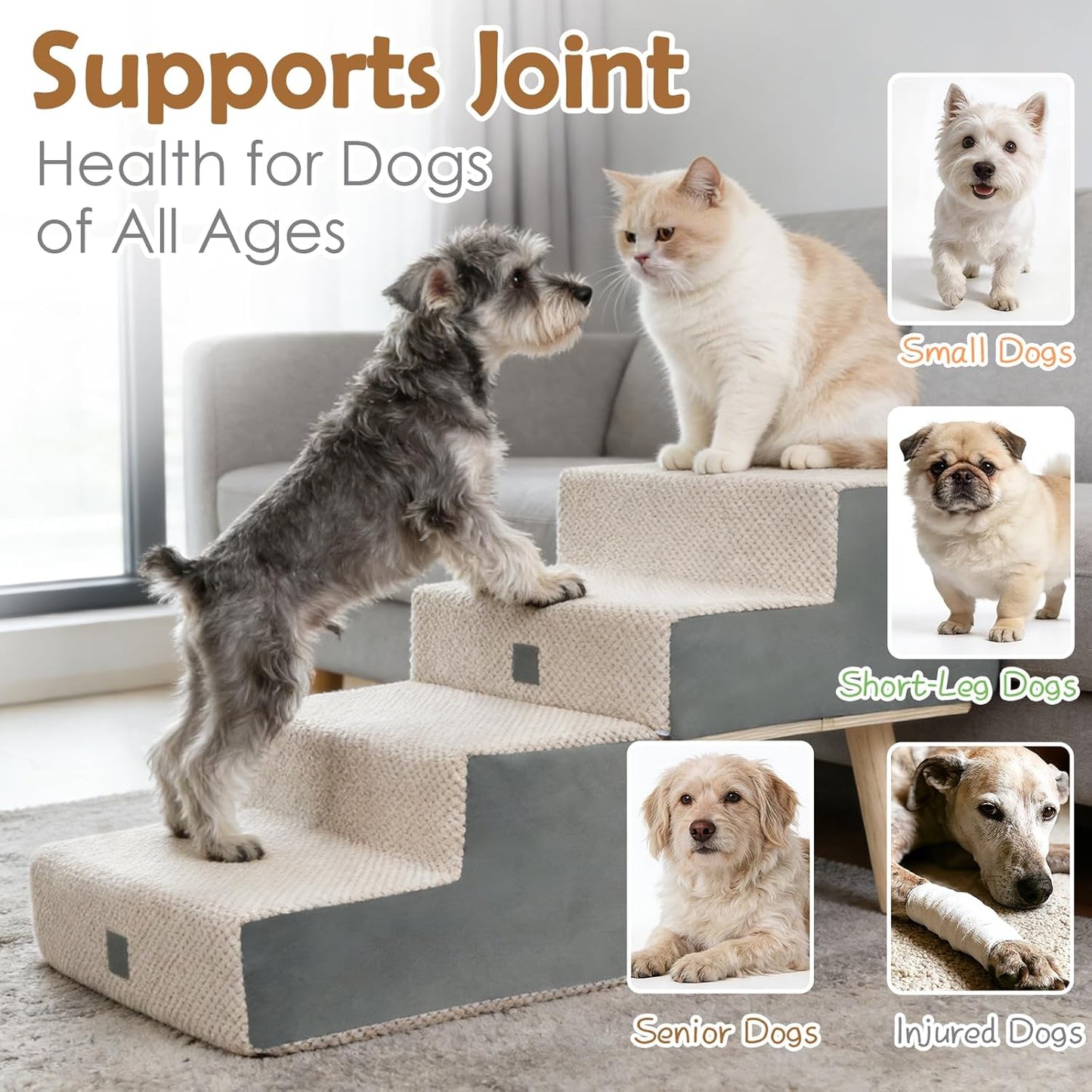 Dog Stairs for Small Dogs and Cats, 4-Step Dog Ramp for Couch and Bed, Foldable 2-in-1 Wooden Pet Steps for Puppy, Split Ottoman Design, Beige