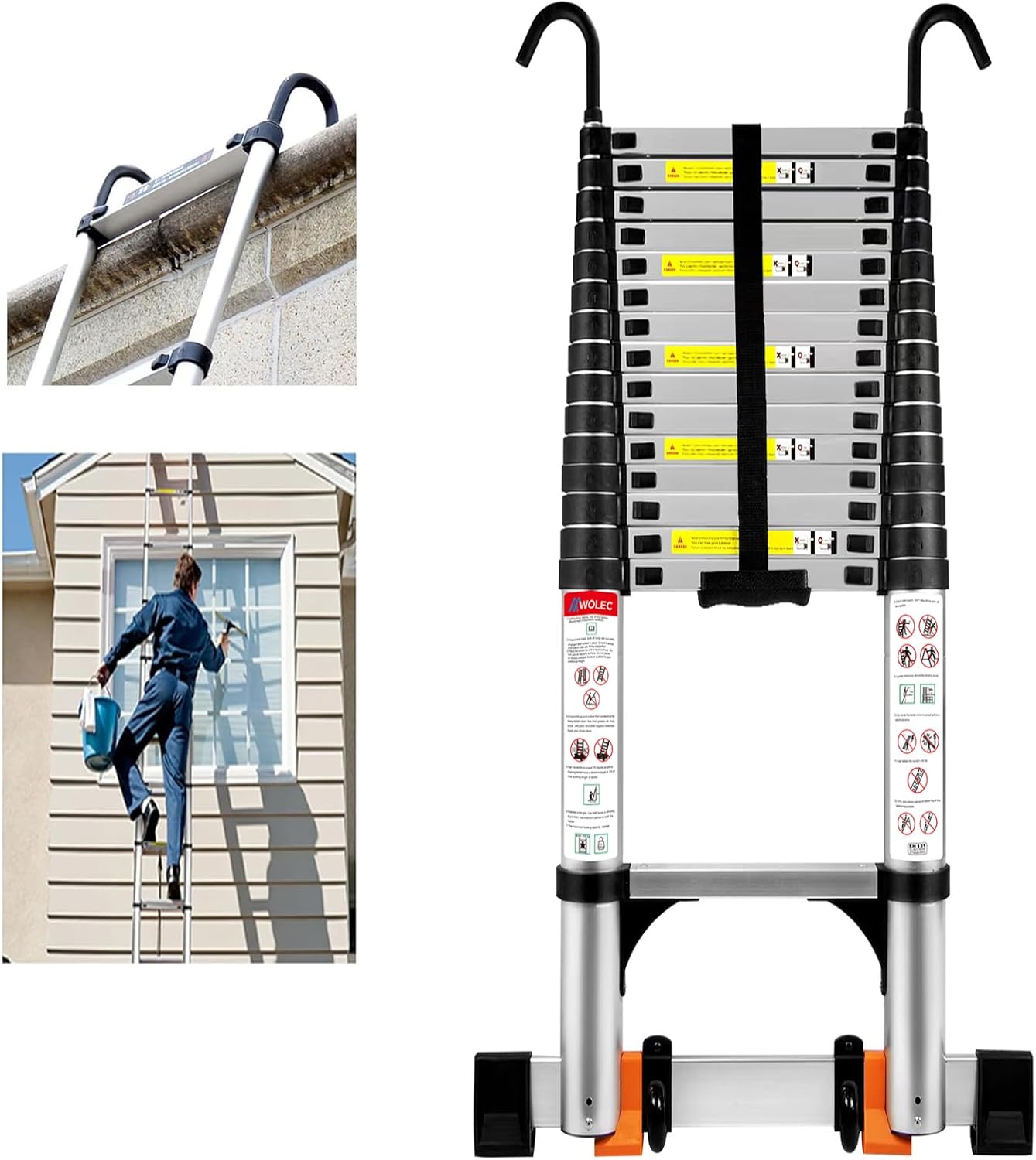 20.3 ft Aluminum Telescoping Ladder, 330 lb Load, Hooks Wheels Stabilizer Bar, Portable Collapsible Ladder for Home Use and Work, Silver