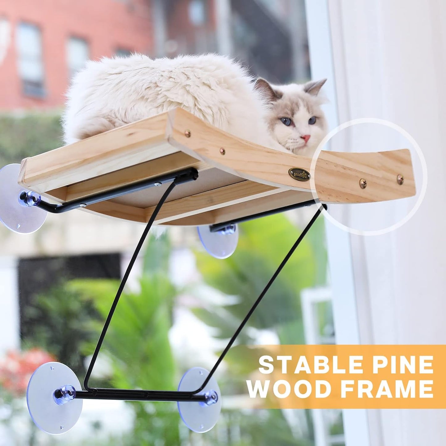 Pecute Cat Window Perch Sisal Scratcher 2 in 1, Cat Hammock for Window Seat with Solid Wood Frame, Iron Bracket, and Heavy Duty Suction Cups, Cat Perch Holds Cats Up to 30lbs