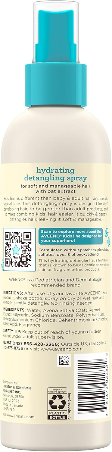 Aveeno Kids Hydrating Detangling Spray with Oat Extract, Quickly Detangles Hair, Tear-Free, Gentle on Sensitive Skin & Scalp, Detangler Spray for Kids, Hypoallergenic, 10 fl. oz