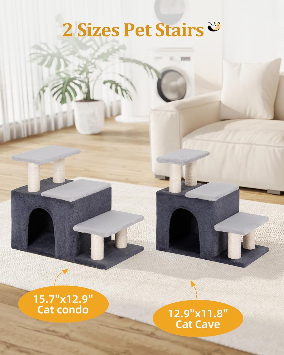 3-in-1 Pet Stairs for Cats, Dog Steps for Small Doggie Rabbits, 6.29''Depth Cat Stairs, Indoor Cat Ladders for High Bed for Pet's Joints, 1 Cat Condo Cave, Sisal Scratcher, Grey, Medium