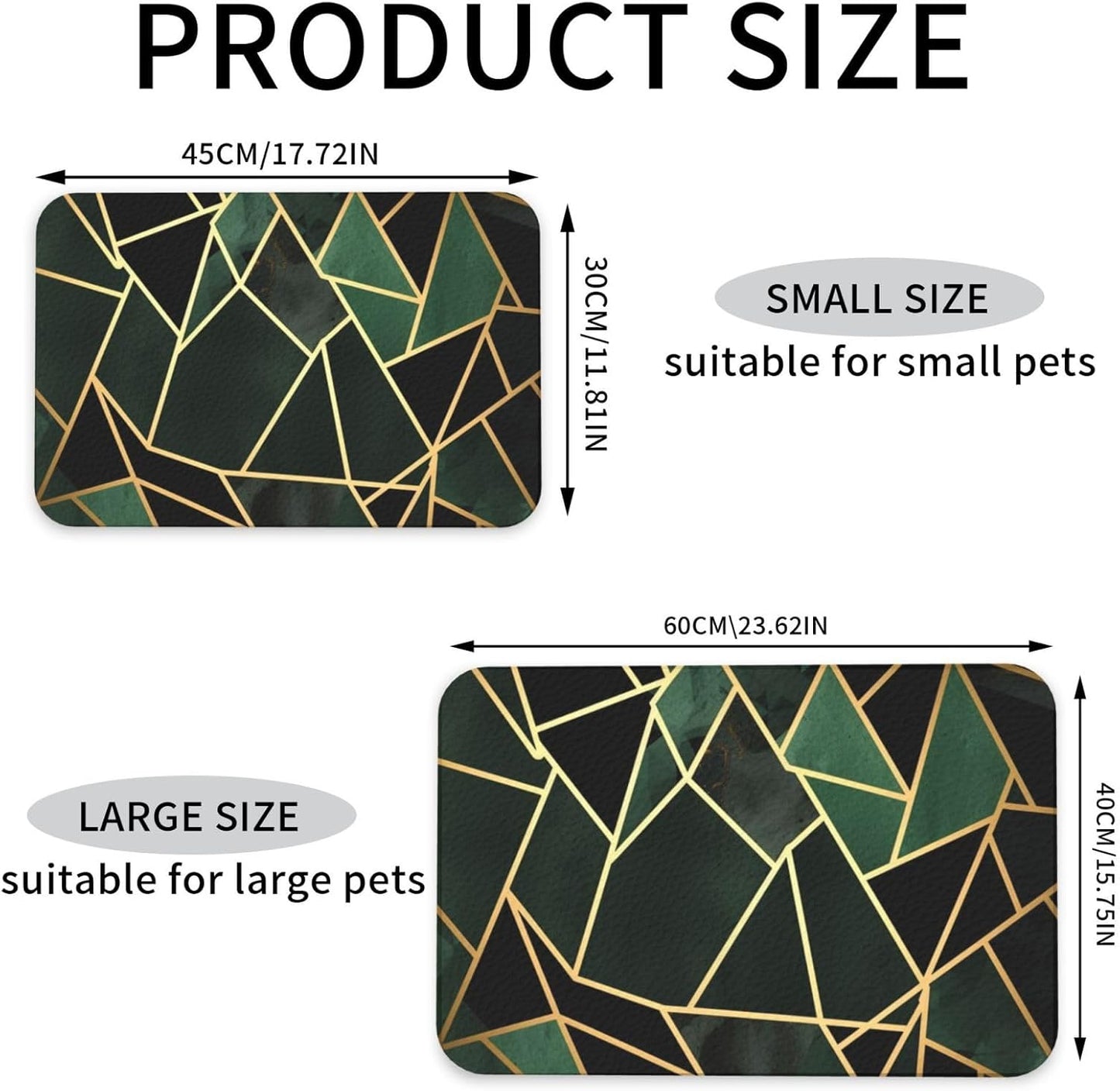 Black and Gold Geometric Pet Feeding Mat 40x60cm Absorbent Leather Dog Cat Food Mats Non-Slip Dog Bowl Mats for Food and Water, Quick Dry Pets Placemats for Cats and Dogs Water Bowl