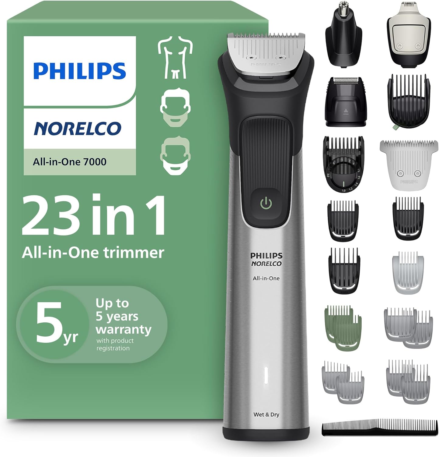 Norelco Philips All-in-One Series 7000 23-Piece Trimmer - Electric Shaver and Clipper for Face, Beard, Head & Body, Self-Sharpening Titanium Blades, 26 Length Settings (0.5-16 mm), MG7970/49