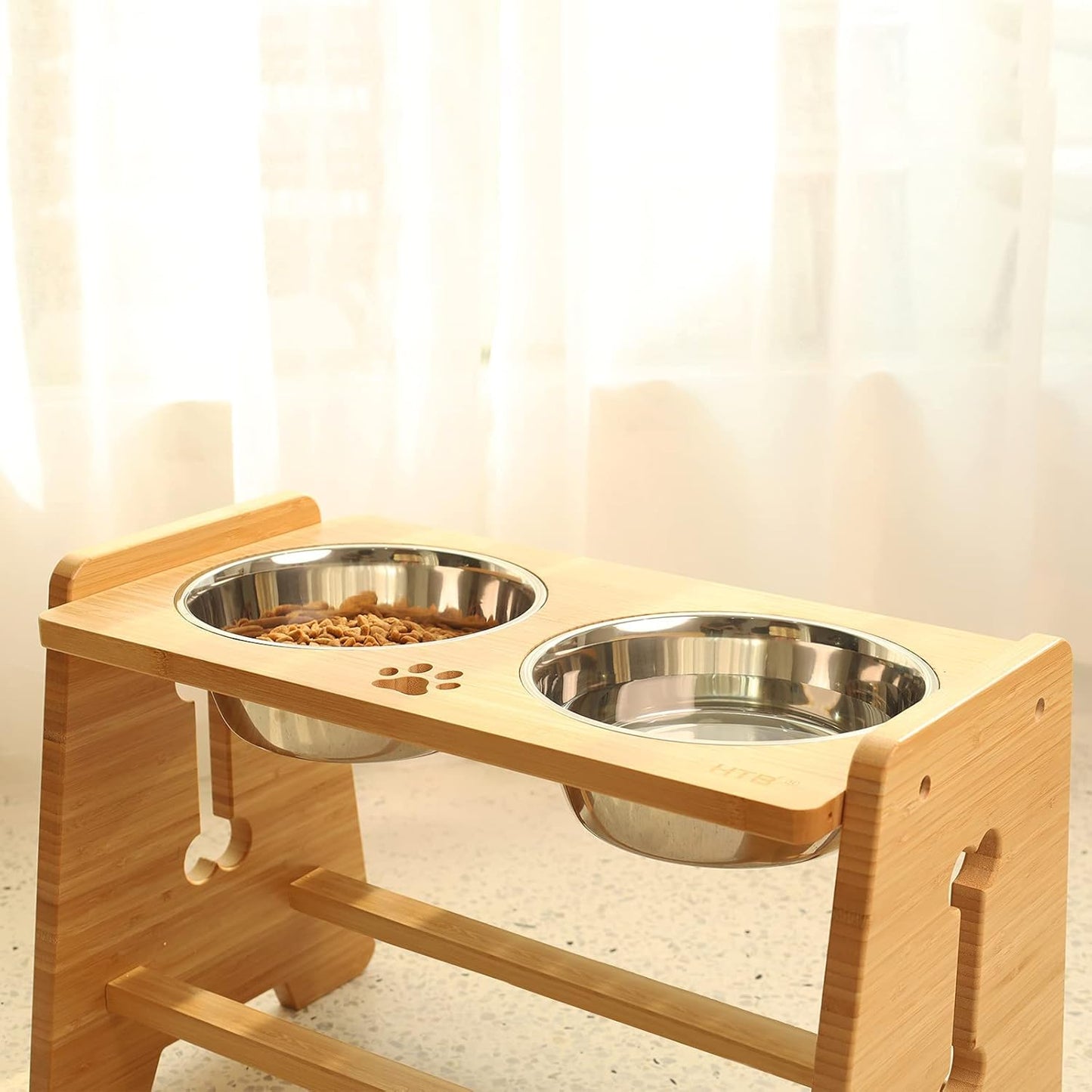 HTB Elevated Dog Bowls, Adjustable Pet Bowl Stand (Bamboo, 2 in 1-6.5'' or 11.8'')
