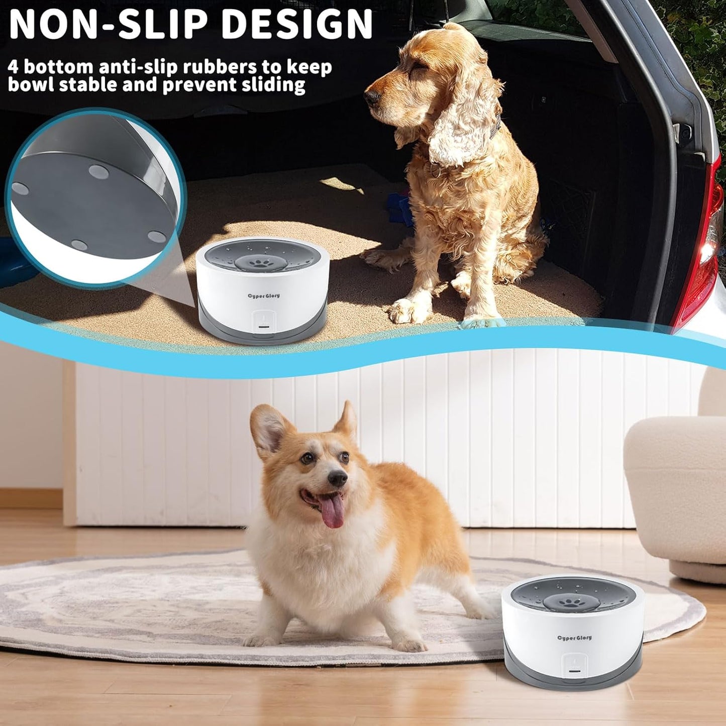 Dog Water Bowl, No Spill 55oz Pet Water Bowl for Cats & Small Puppies to Medium Large Breeds, Anti Splash Slow Drinking Water Feeder for Messy Drinkers (White w/ 2 Fliters)
