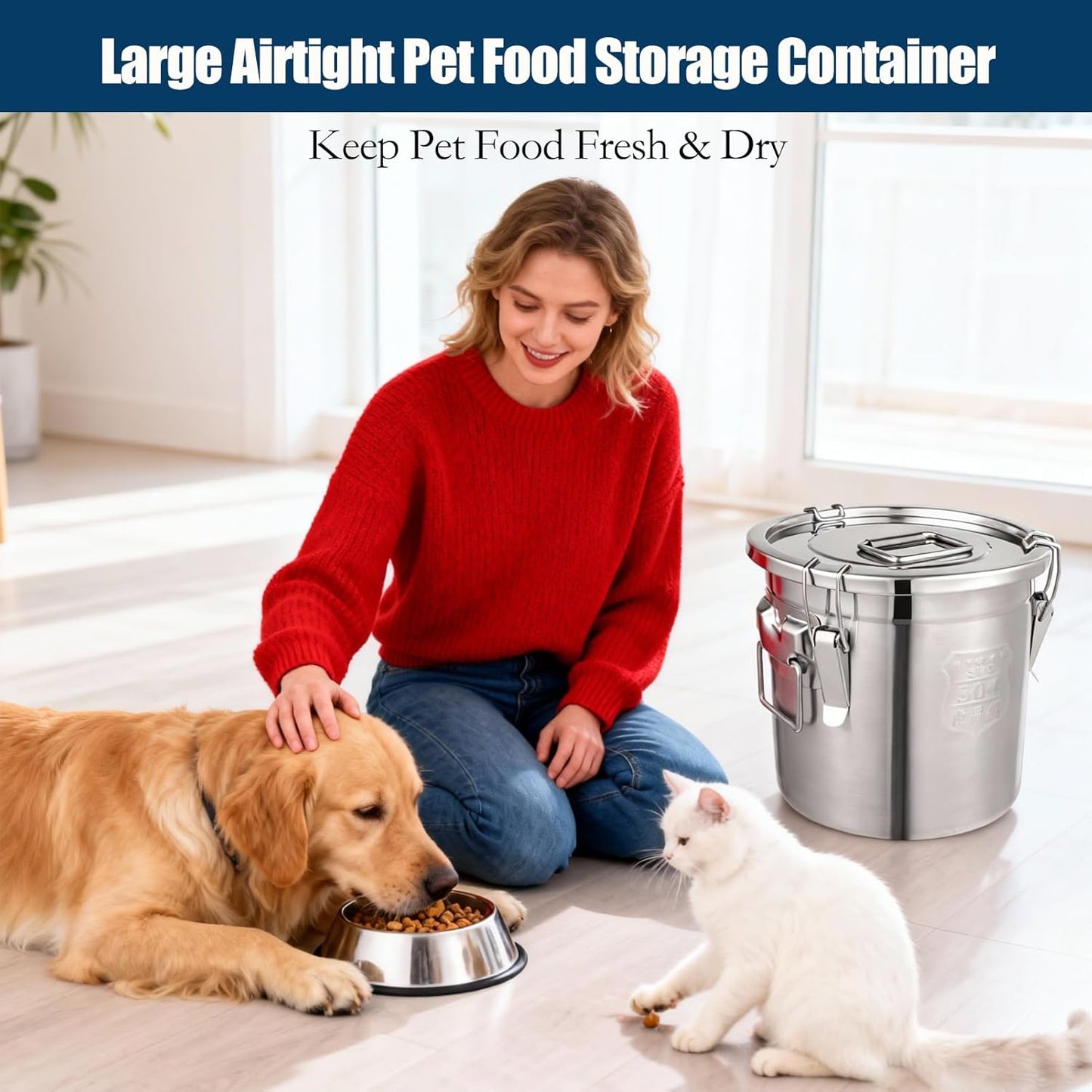 304 Stainless Steel Dog Food Storage Containers with Airtight Lid and Locking Clamp, Fits up to 12Lbs, Large Pet Food Storage Container Metal Pet Food Bin for Dogs, Cats & Birds Seed, Keep Fresh
