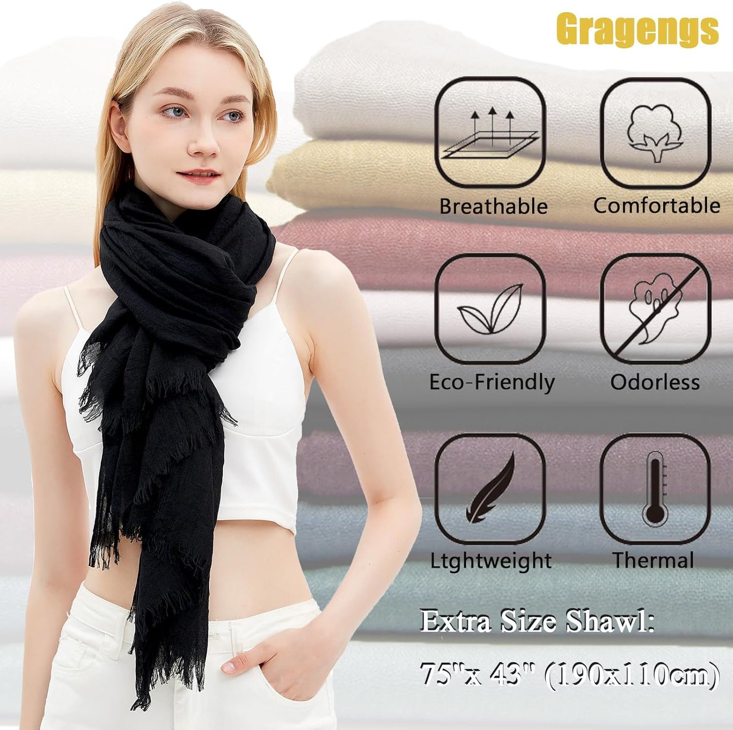 Gragengs Women Summer Scarfs Lightweight Large Long Gauze Shawl Linen Beach Wrap Plain 75”×43”