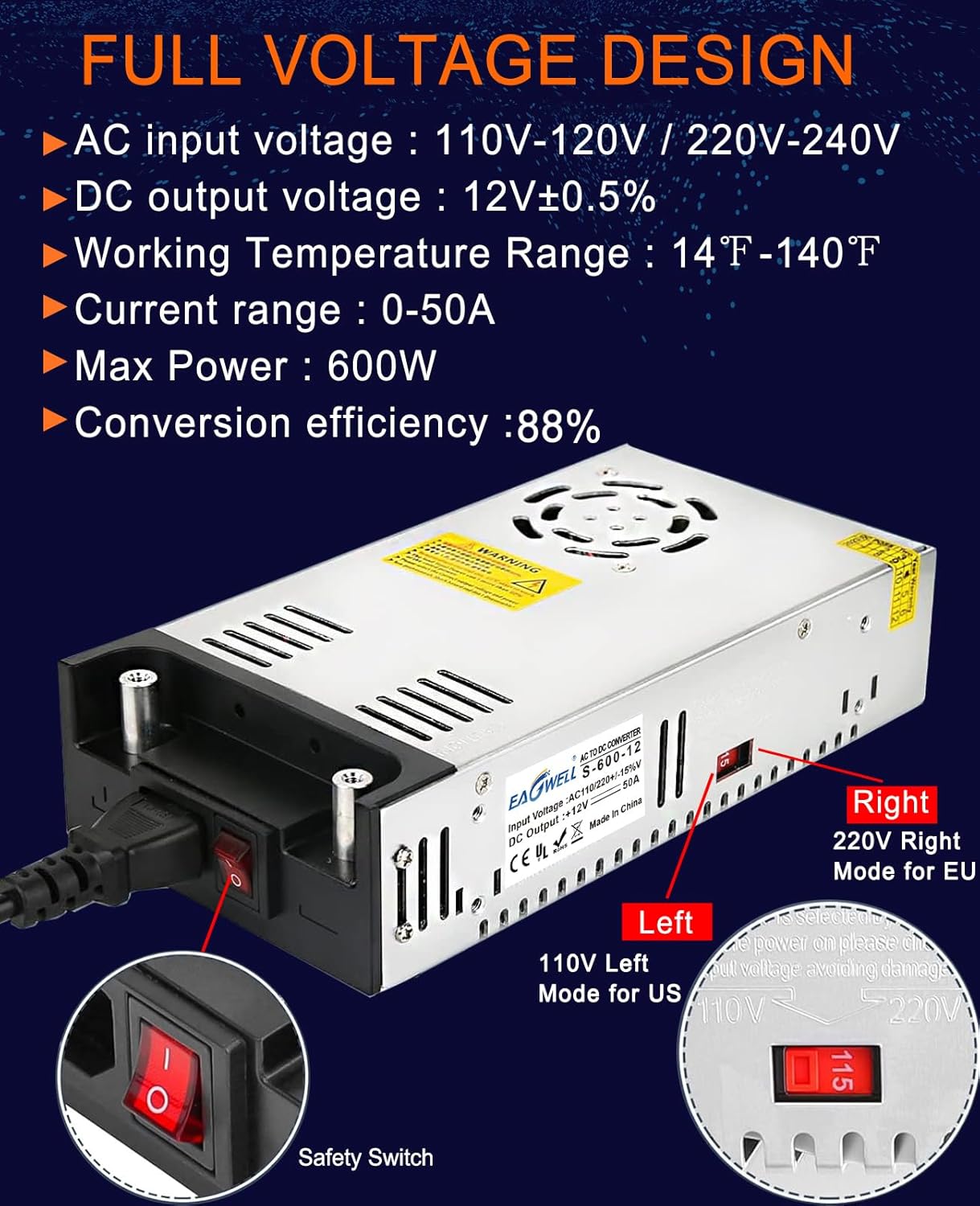 New Version 110V AC to 12V DC Converter 600W Power Supply 50A, Universal SMPS Transformer for RV, Pump, LED Strip, CCTV, Car Stereo,Diesel Heater