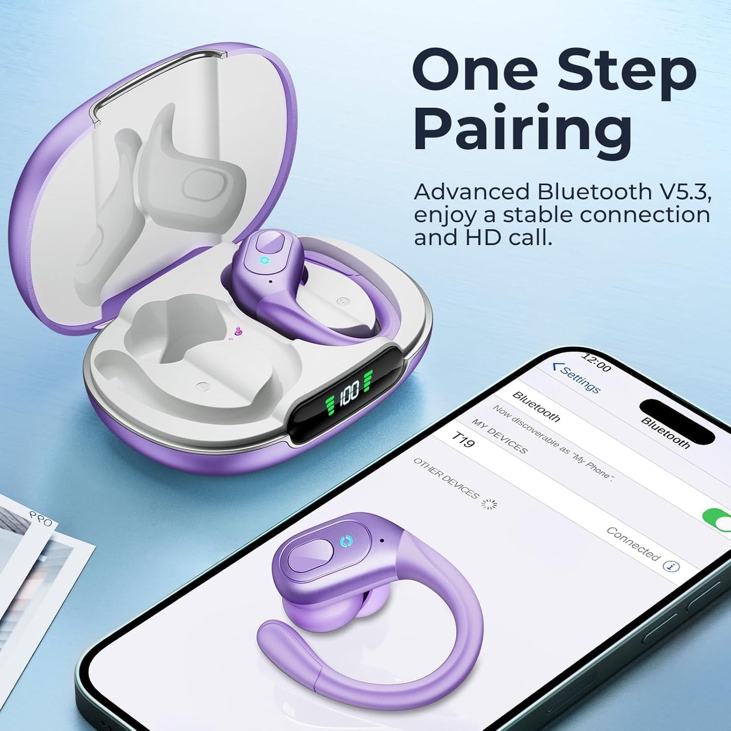 occiam Active Noise Cancelling Earbuds Wireless Bluetooth Headphones Ear Buds 90Hrs Playback Stereo Bass Earphones with Mic Over-Ear Hooks IPX7 Waterproof Headset for Work Sports Running Gym Purple