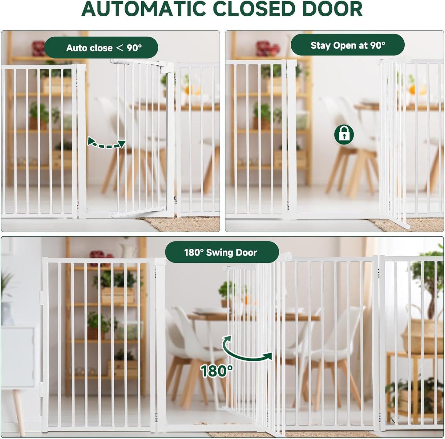 Snagle Paw Metal Freestanding Dog Gate with Door, 80” W x 32” H Dog Fence with Support Feet for Doorways, Stairs and Hallways, Portable Pet Gate for Indoor Use (4 Panel, White)