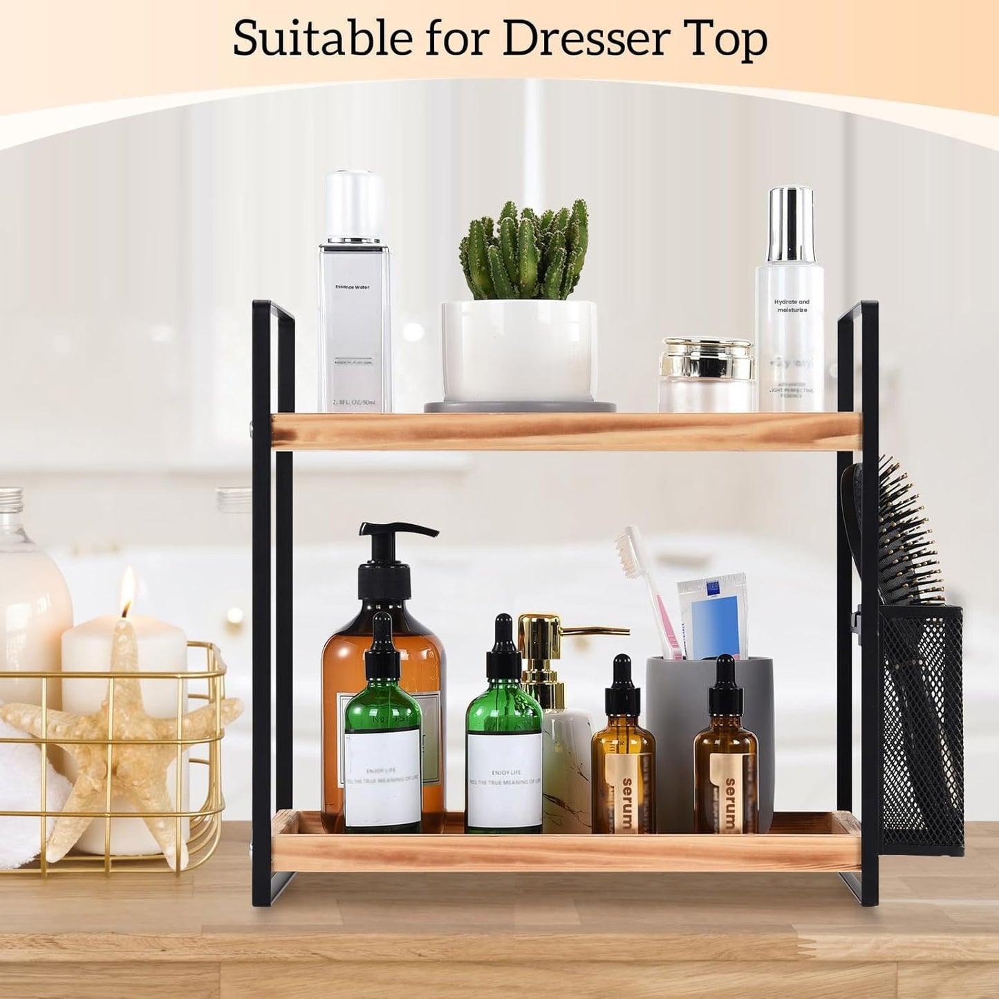 LEMIKKLE 2-Tier Wood Coffee Bar Organizer With Basket,Kitchen organizers and storage,Spice Rack Organizer for Countertop,Kitchen