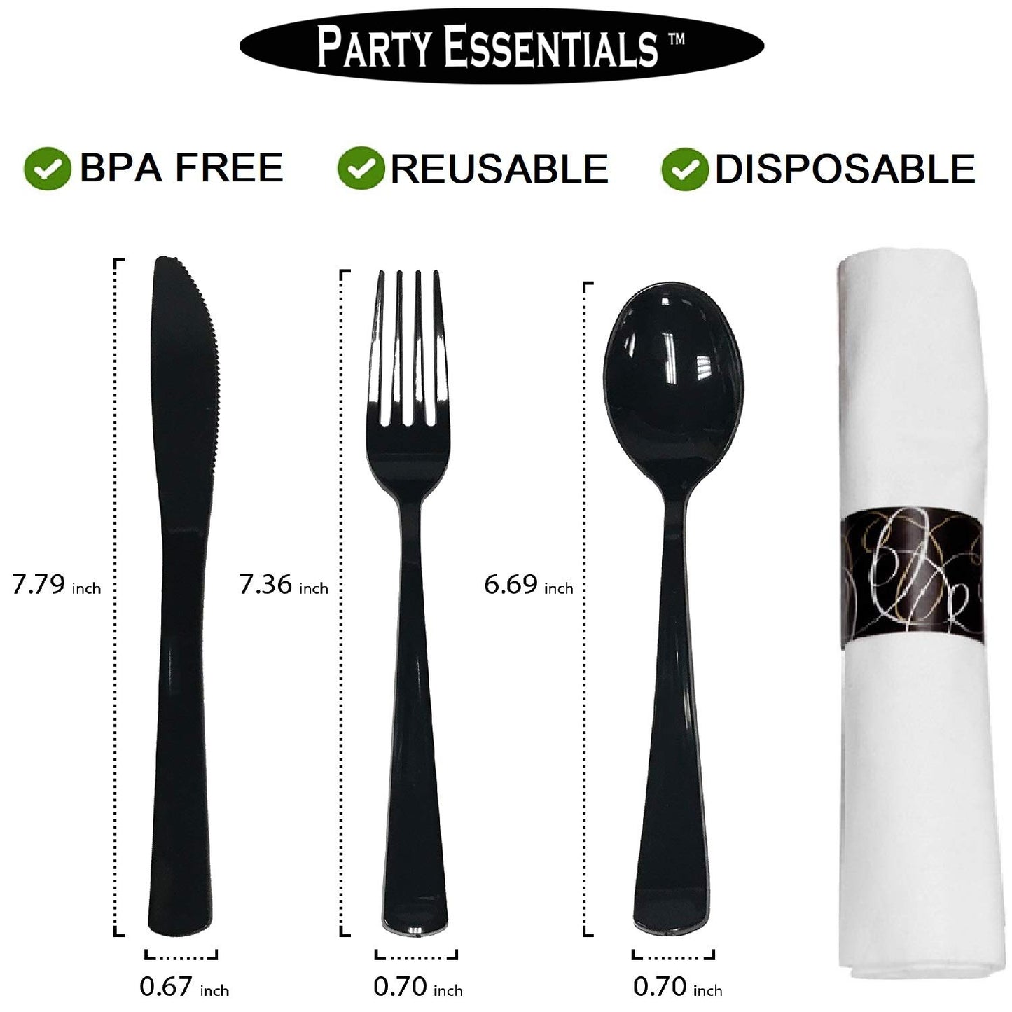Party Essentials Pre-Rolled Disposable Extra Heavy Duty Plastic Cutlery Kit with Black Fork/Knife/Spoon and 3-Ply White Napkin (Case of 100 rolls)