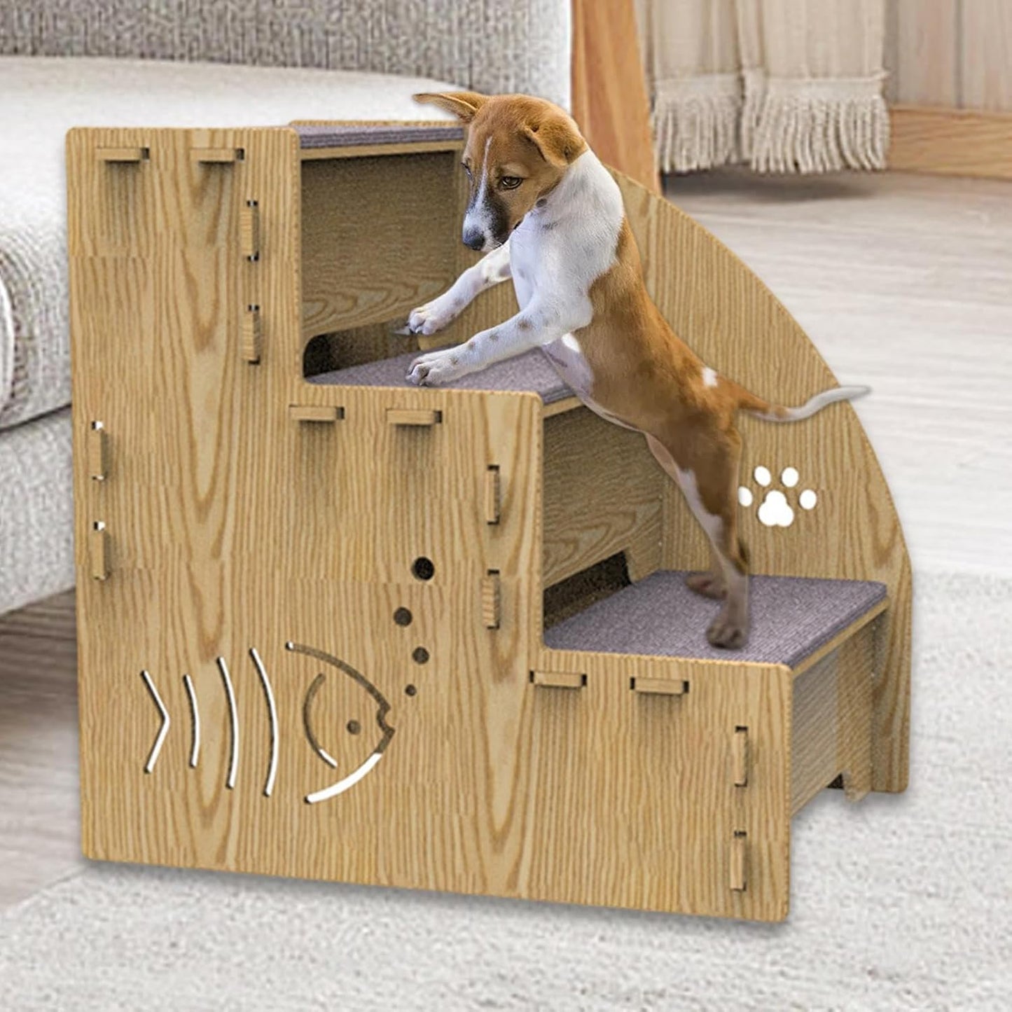 High Beds Dog Stairs - 3-Step Wooden Pet Stair Ramp, 18x12x12 inches Non-Slip Indoor Ramp for Dogs & Cats, Wood + Anti-Skid, Small Dog Staircase for Beds, Sofas, Couch