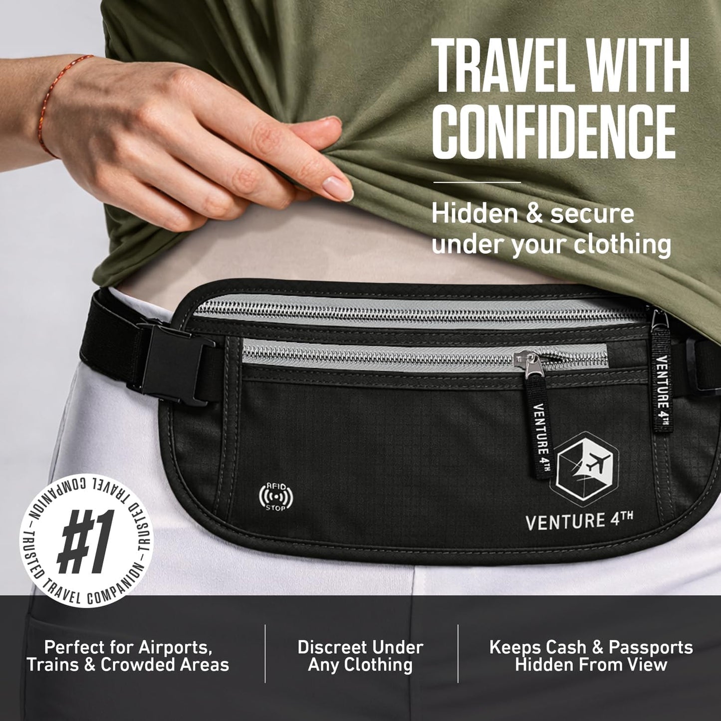 VENTURE 4TH Money Belt for Travel – Hidden Under-Clothes RFID Blocking Passport Holder & Slim Travel Wallet Pouch for Men & Women to Protect Cash, Cards & Documents (Black)