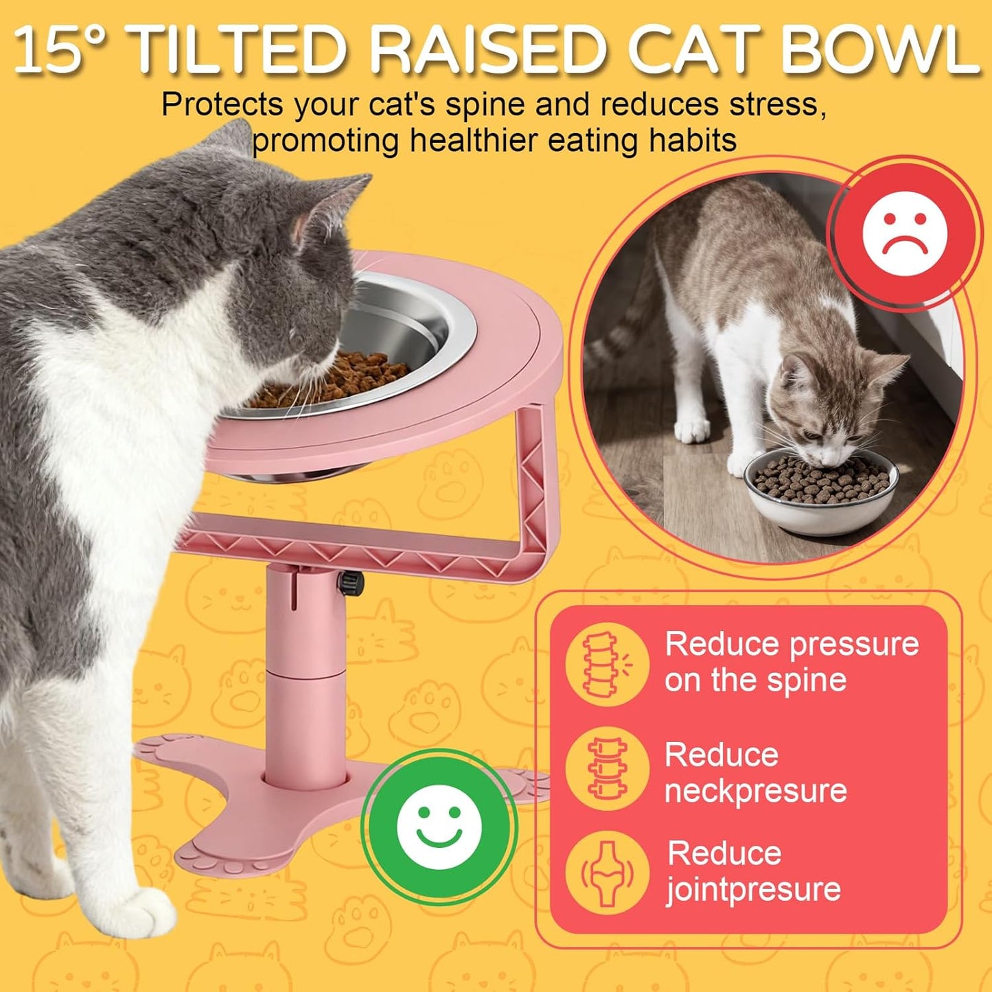 Raised Cat Bowls with Height-Adjustable Stand 15° Tilted Cat Food Bowls Non-Slip Feeder Adjusts to 2.4", 4.02",5.98" with Stainless Steel Bowls Whisker Friendly for Cats and Puppy
