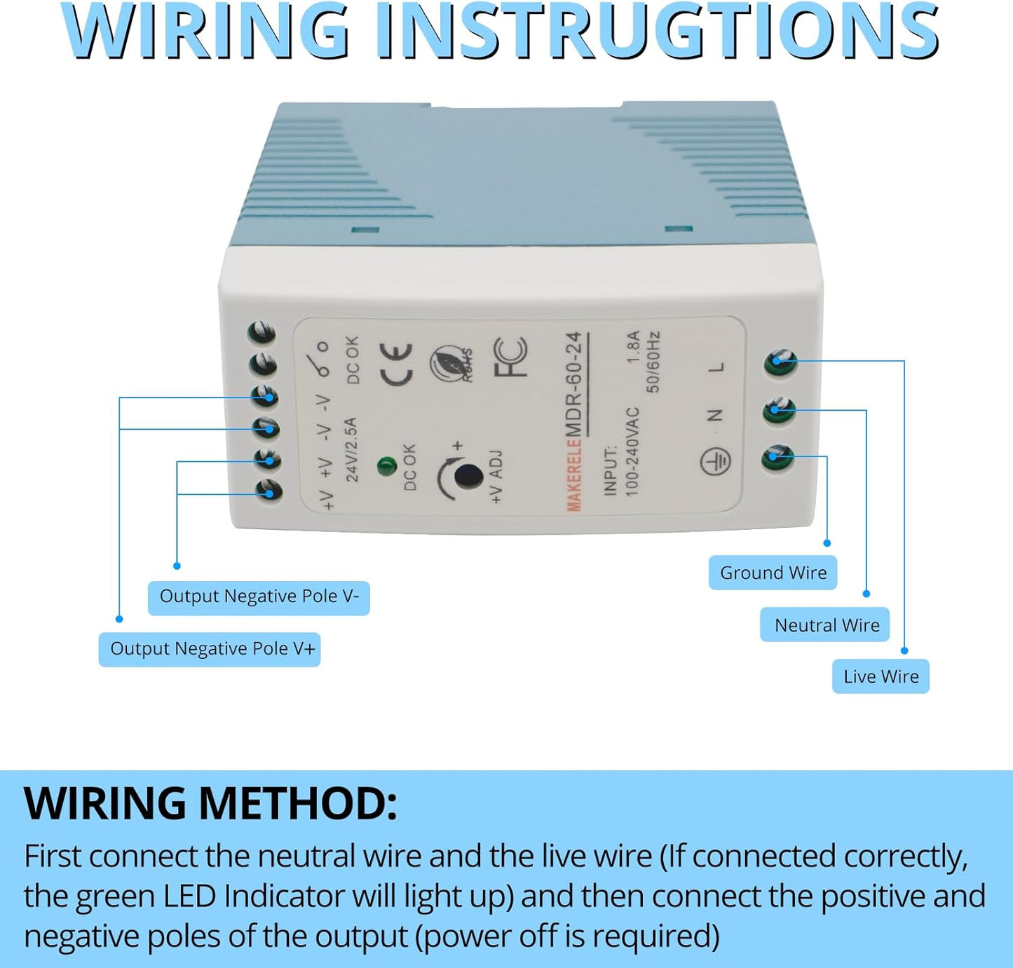 MAKERELE MDR 24V AC to DC DIN Rail Power Supply 60W, Industrial Rail Power Supplies AC 100V-240V to DC 24V Switch Converter