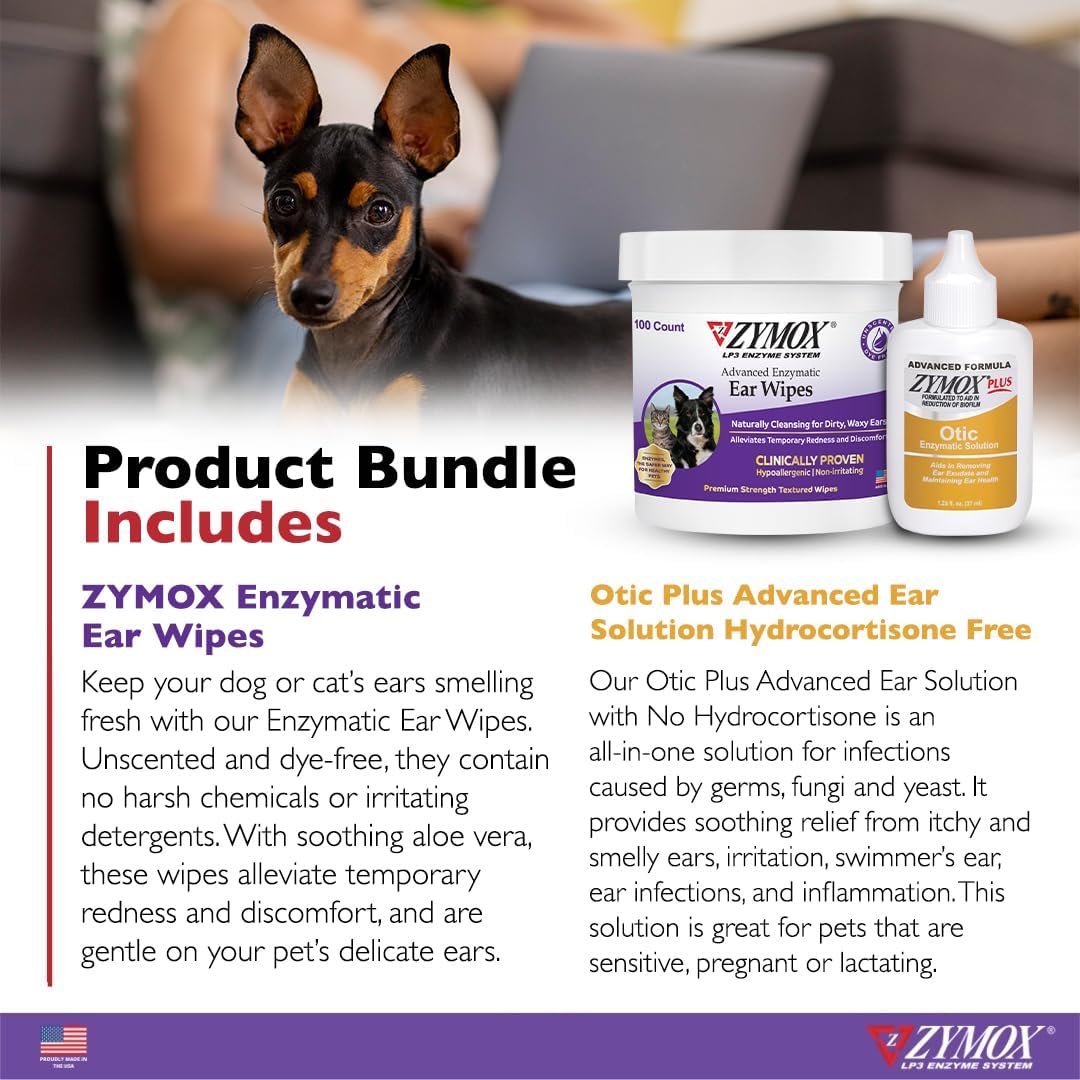 Zymox Enzymatic Ear Wipes and Otic Plus Advanced Hydrocortisone Free Ear Solution for Dogs and Cats - Product Bundle - for Dirty, Waxy, Smelly Ears and to Soothe Ear Infections