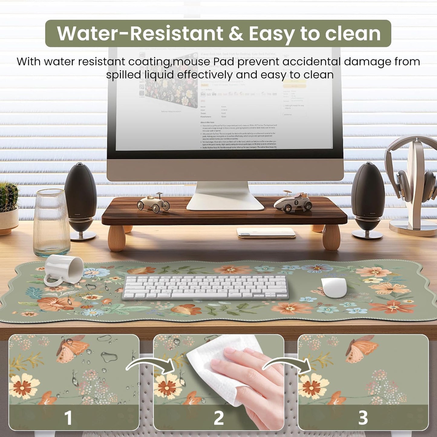 iCasso Scalloped Desk Mat for Keyboard and Mouse, Scalloped Large Mouse Pad, Floral Desk Pad Mat, Anti-Slip Big Mousepad with Stitched Edges for Computer (Bean Green)