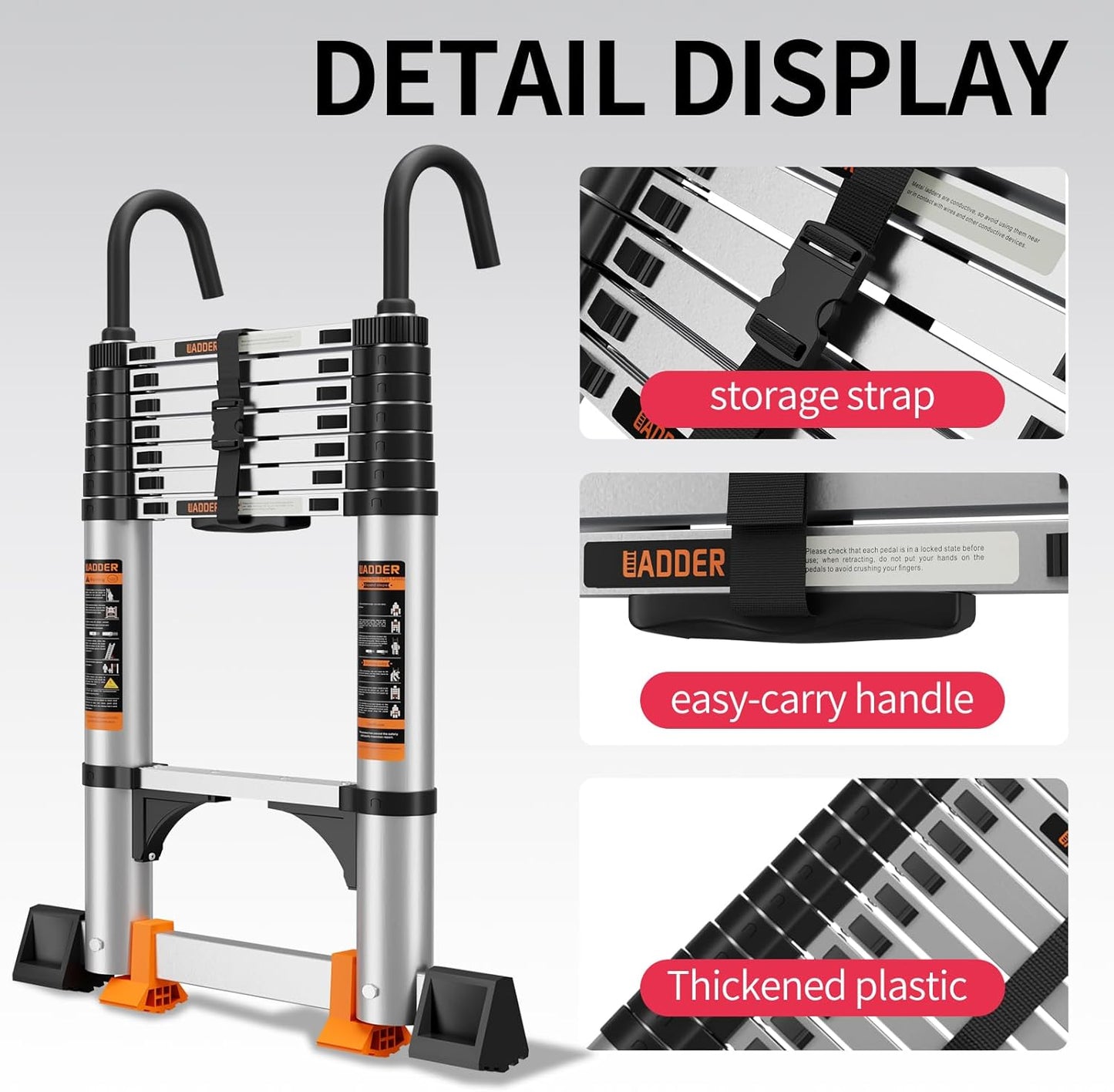 Telescoping Ladder,12.5FT Aluminum Multi-Purpose Collapsible Ladder with Stabilizers and Hooks,Jiashche Portable Extension Ladder for RV or Outdoor Work Silver,330lb Max Capacity