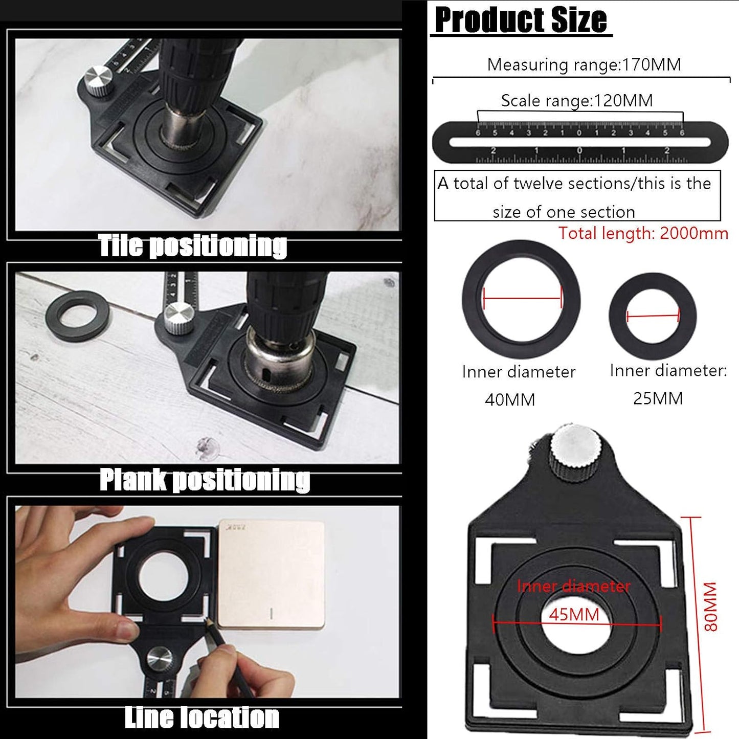 Multi Angle Measuring Ruler,12-Sided Angle Measurement,Tile Holes Measure Ruler with 3-Holes Positioning Apertures,Upgrade Multi Angle Ruler/Metal/Black