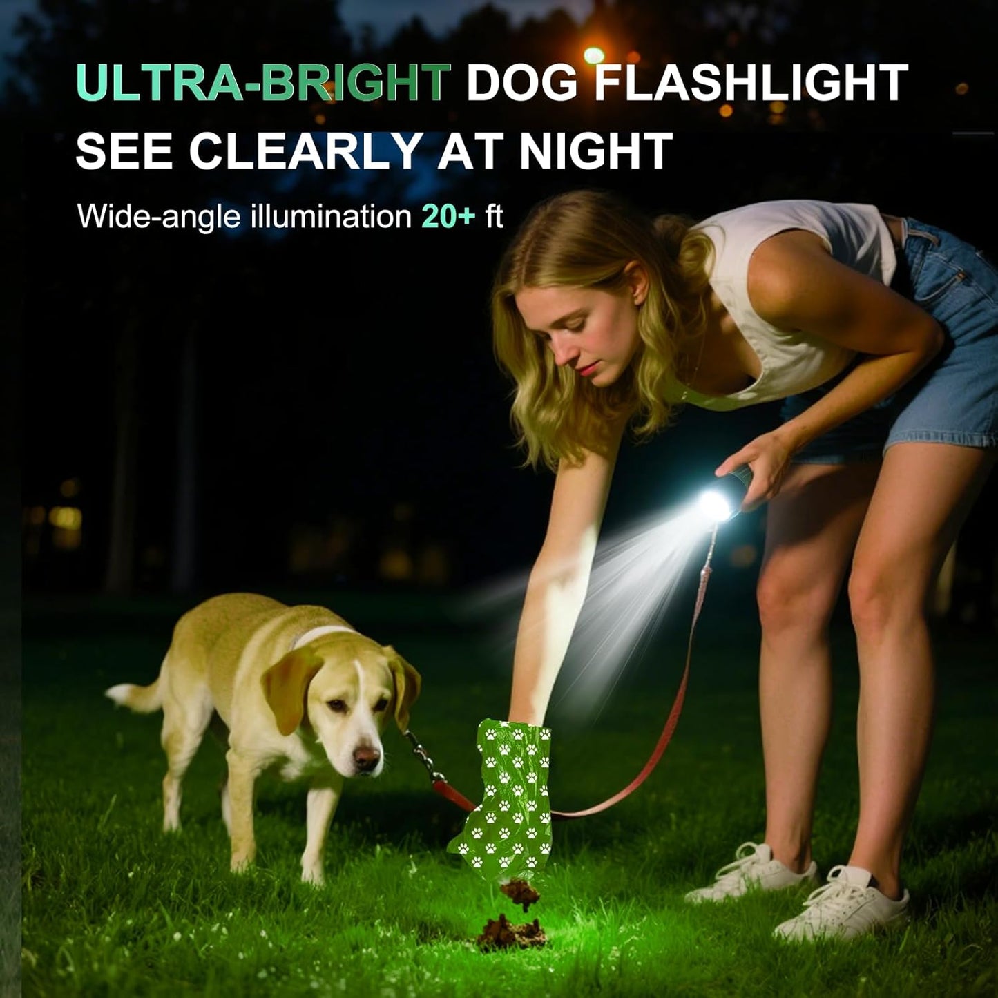 Tubasion 3-in-1 Dog Poop Bag Holder with Flashlight 7-Color, USB-C Rechargeable doggie bag holder for leash, IPX6 Waterproof Anti-Slip Clip Pet Waste Bag Dispenser for Walking (1 Dispenser, 30 Bags)
