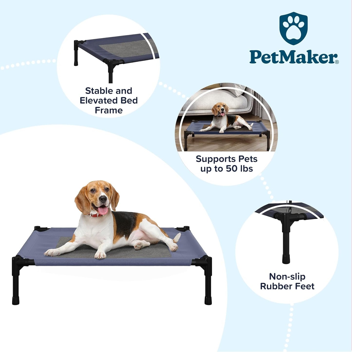 Elevated Dog Bed - 30x24-Inch Portable Pet Bed with Non-Slip Feet - Indoor/Outdoor Dog Cot or Puppy Bed for Pets up to 50lbs by PETMAKER (Blue)