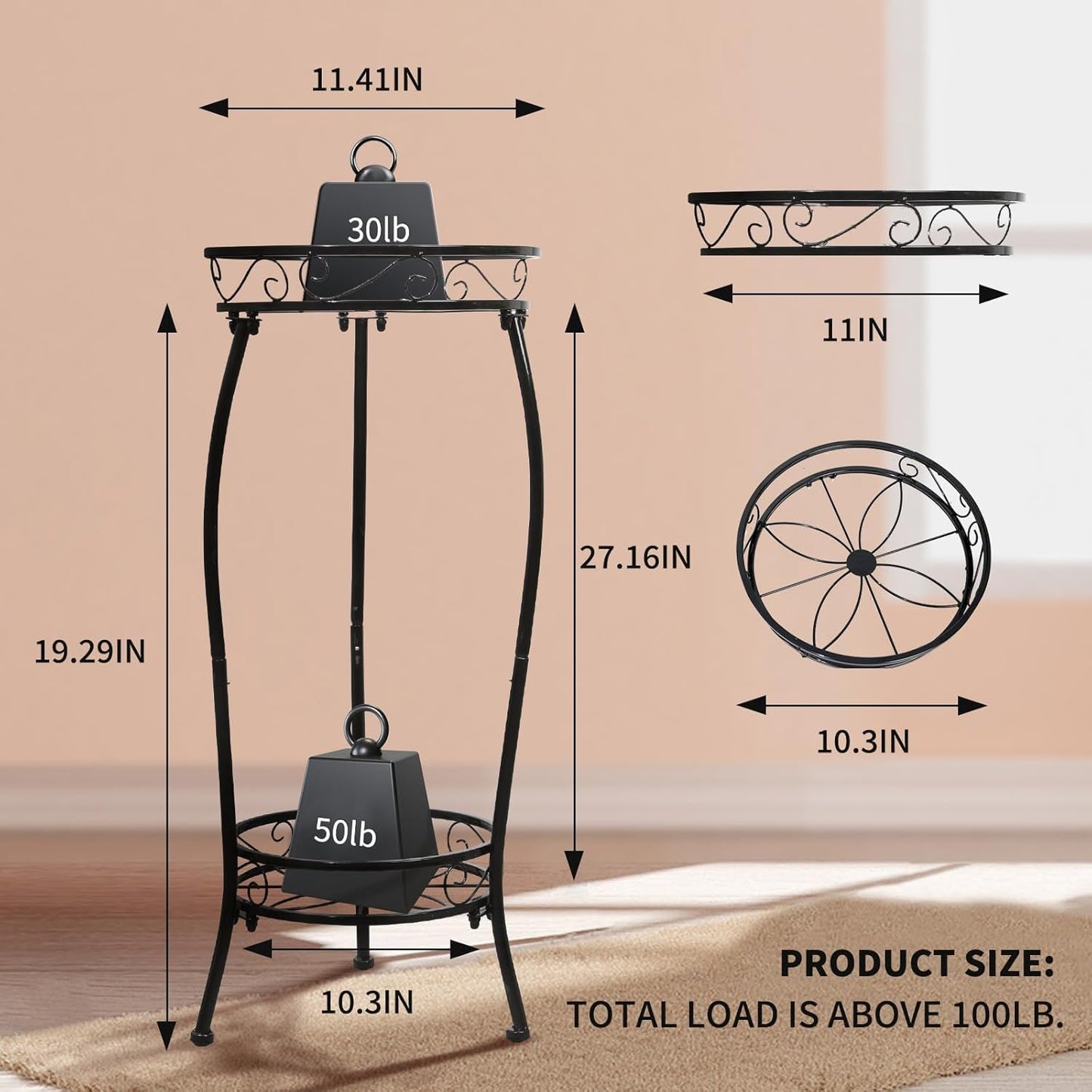 Plant Stand Indoor Outdoor 2 Tier 27" Tall Metal Potted Holder Rack Flower Pot Stand Heavy Duty Plant Shelf Rustproof Iron Multiple Plant Round Supports Rack for Planter Corner Garden