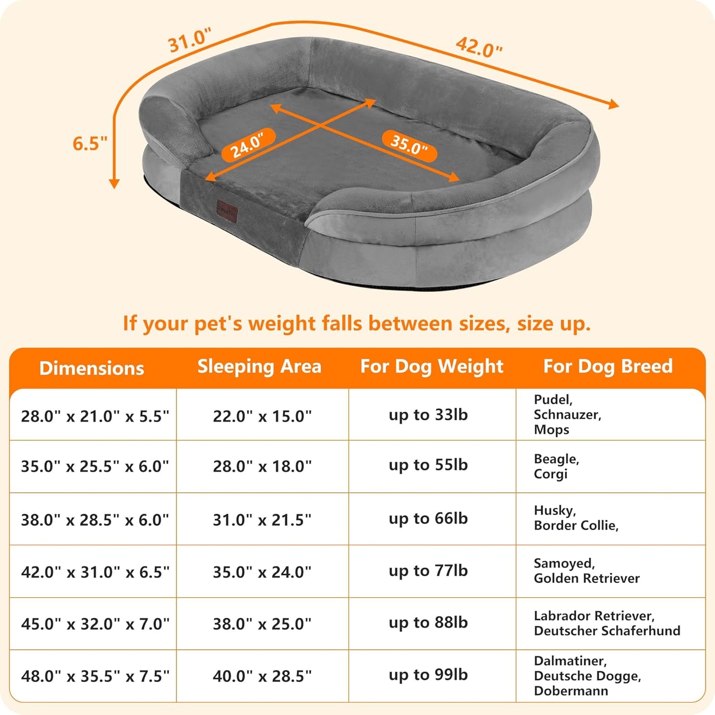 Dwanton Orthopedic Dog Bed for Large Dogs with Gel Memory Foam, Waterproof Dog Sofa, Washable Pet Bed with Four Sided Bolster Cushion, Removable Cover & Non-Slip Bottom, 42", Medium Gray