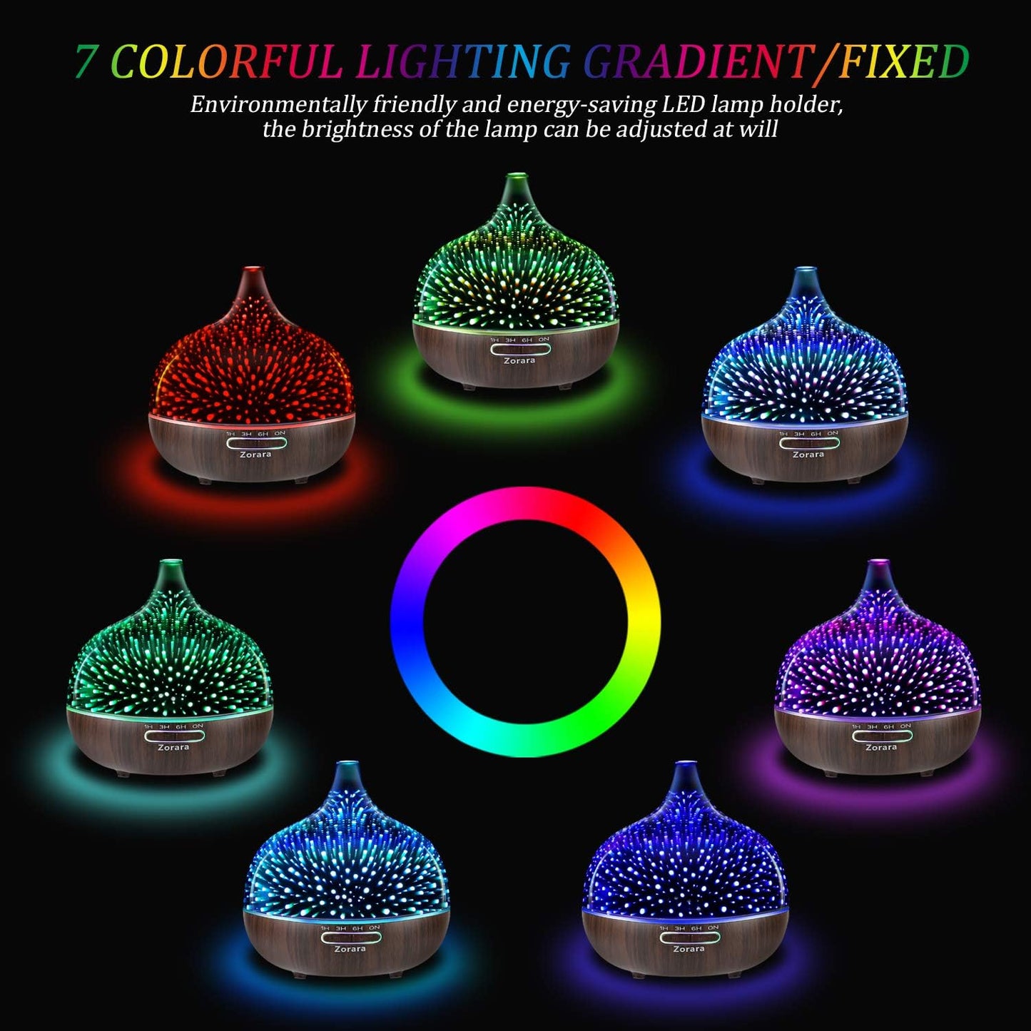 Essential Oil Diffuser 550ml Cool Mist Humidifier 3D Glass Ultrasonic Aromatherapy Humidifier with 7 Color Changing Led Lights, Waterless Auto Shut-Off, Adjustable Timer for Home Bedroom Office