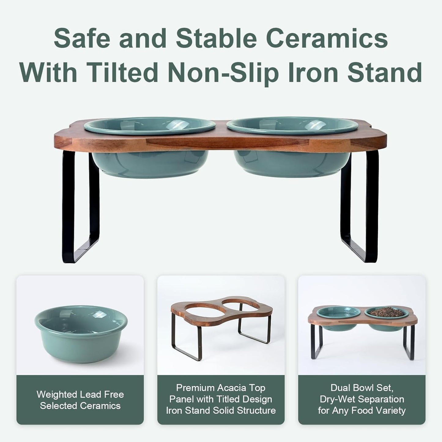 SPUNKYJUNKY Ceramic Elevated Tilted Dog Bowls Bone-Shaped Raised with 2 Height Iron Stand, 6.9'' Dog and Cat Food Water Bowls Set Non-Slip for Small Medium Sized Breed - 20 OZ,Dark Green