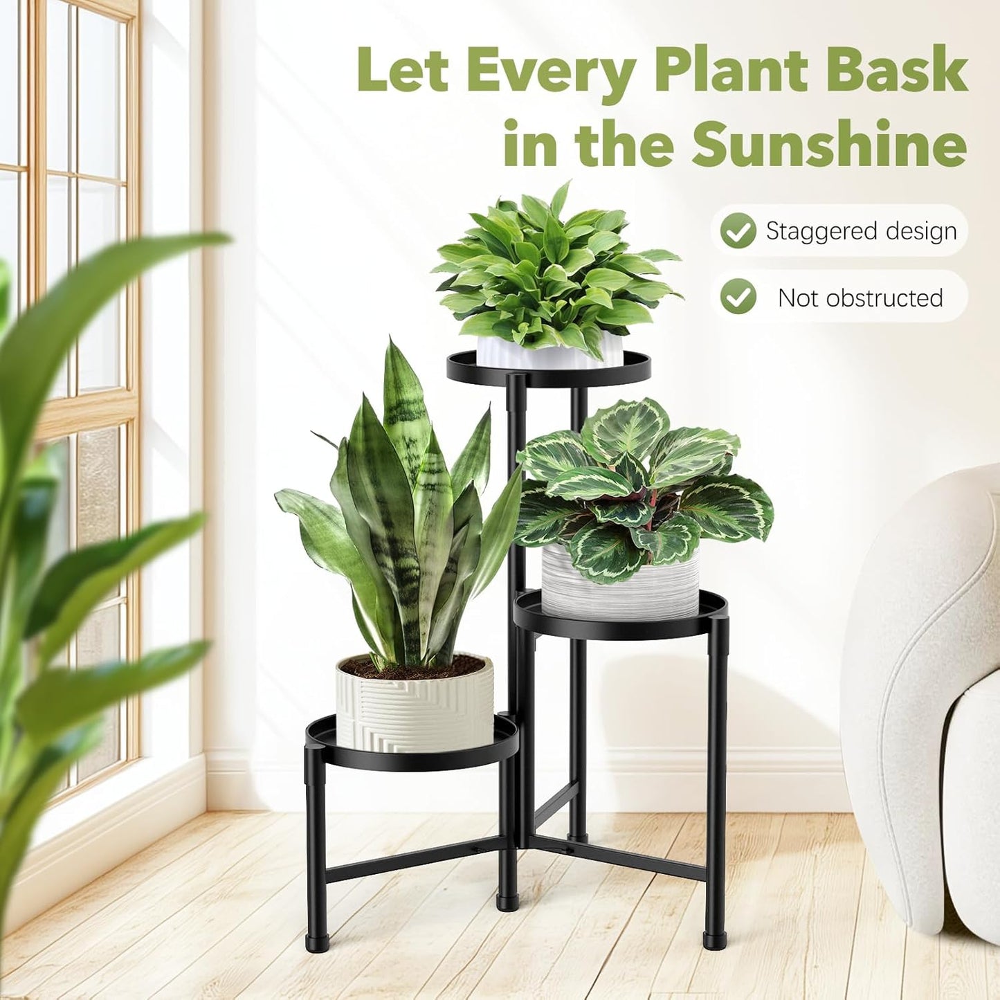 3 Tier Corner Plant Stand Indoor Outdoor, Metal Plant Shelf with 10 Inch Wide Tray,Flower Pot Display Holder Iron Rack Organizer Stand for Living Room Office Garden Patio Balcony Black