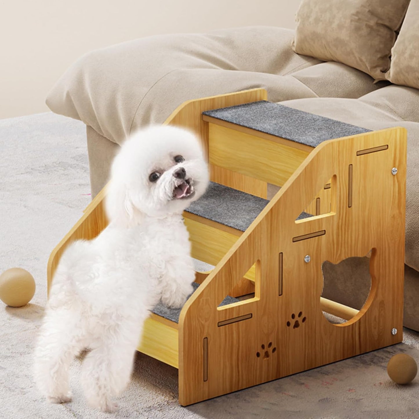 Dog Steps Small Pets, Wooden Ladder Elderly Puppy, 15.55x11.42x13.47 Inch Cat Stairs, Non-Slip Aid with Compact Design, Sturdy Equipment with Modern Style, Supplies Accessories for Sofa Apartment Use