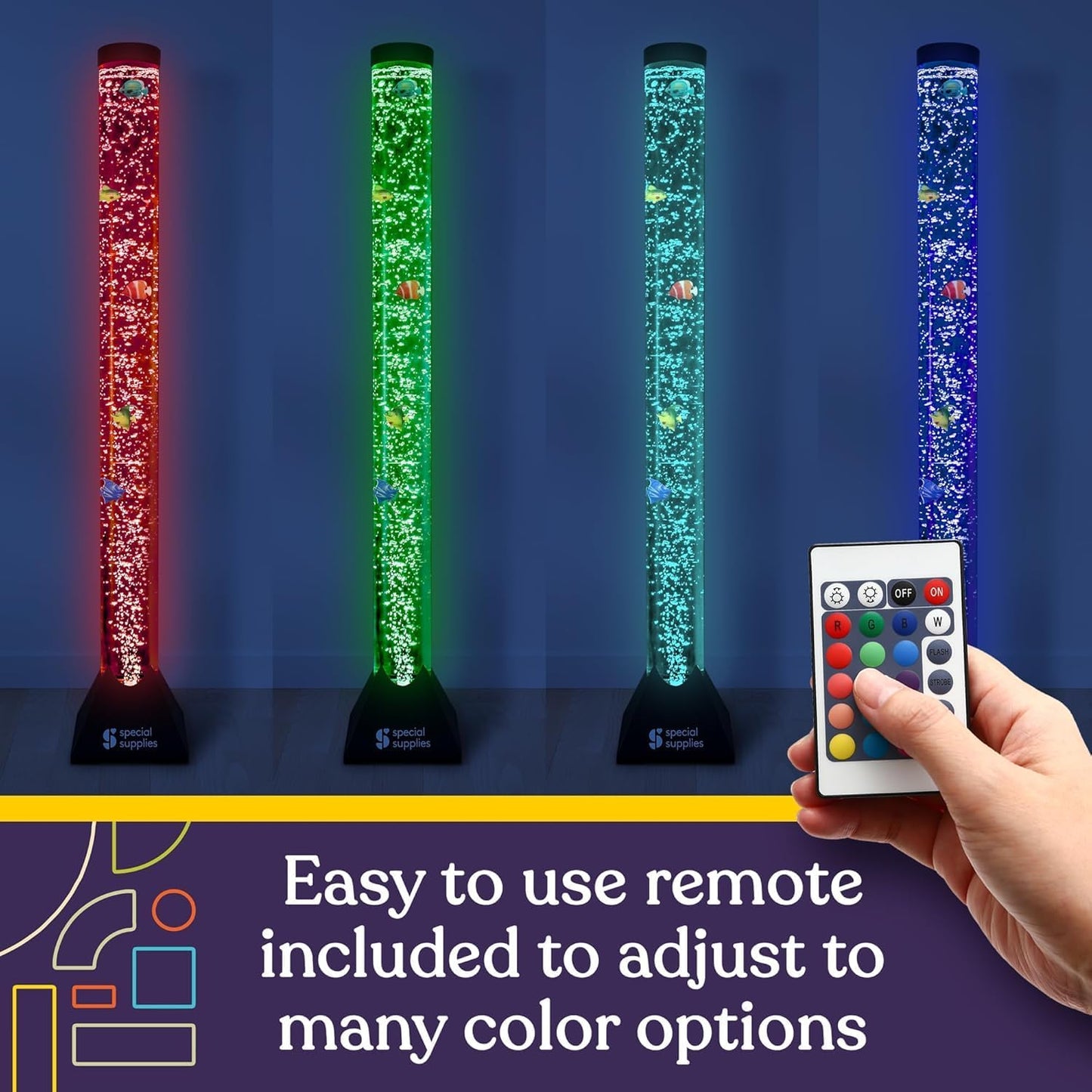 Special Supplies Aquarium Sensory Fish Bubble Light Tube with 16 LED Color Changing Nightlight Effect, Remote Control, and 8 Fishes, Colorful Floor Standing Lamp for Kids and Adults (4 feet) (Style 1)