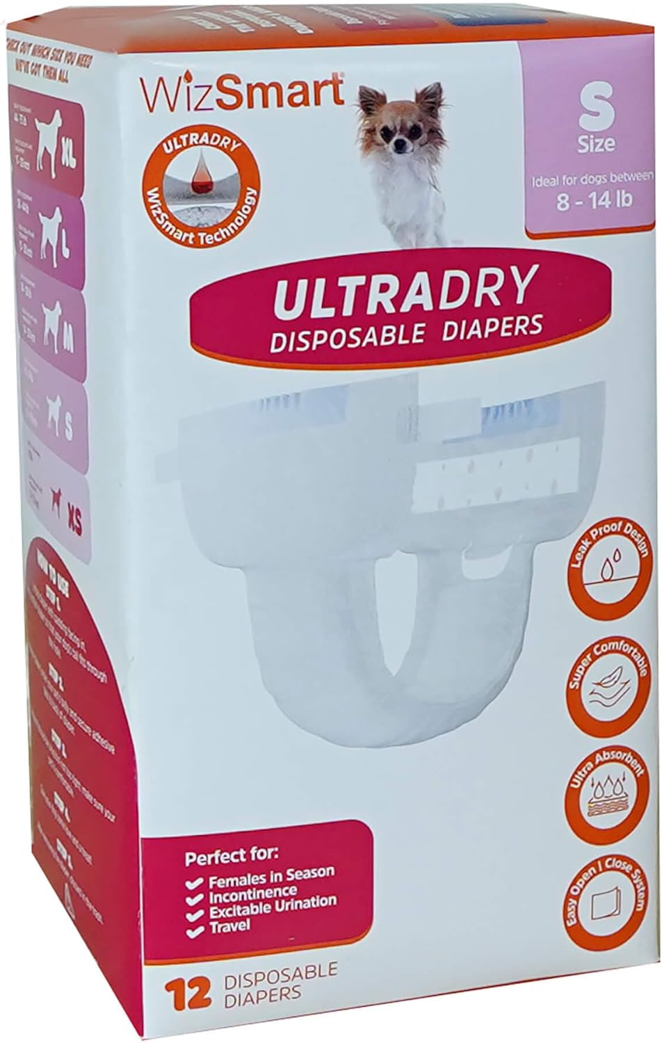 WizSmart Ultra Dry Disposable Dog Diapers, Small, 12 Pack – Leak-Proof Pet Diaper with Tail Hole & Adjustable Tape Tabs, Puppy & Adult Dog, Travel, Heat Cycle, Overnight Protection