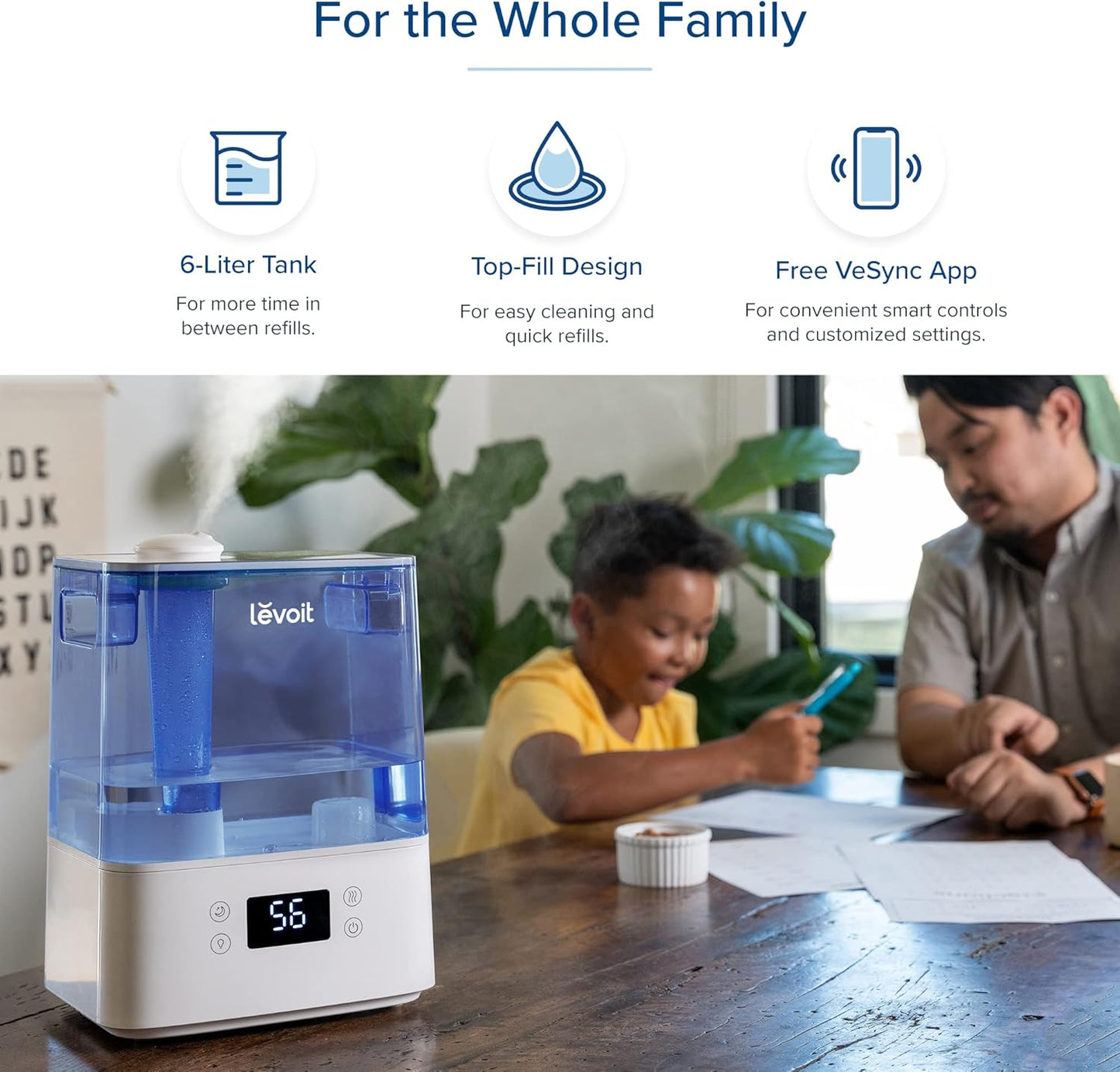 LEVOIT Humidifiers, Blue & Humidifiers for Bedroom Large Room 6L Warm and Cool Mist for Families Plants with Built-in Humidity Sensor, Essential Oil, Timer Setting, White