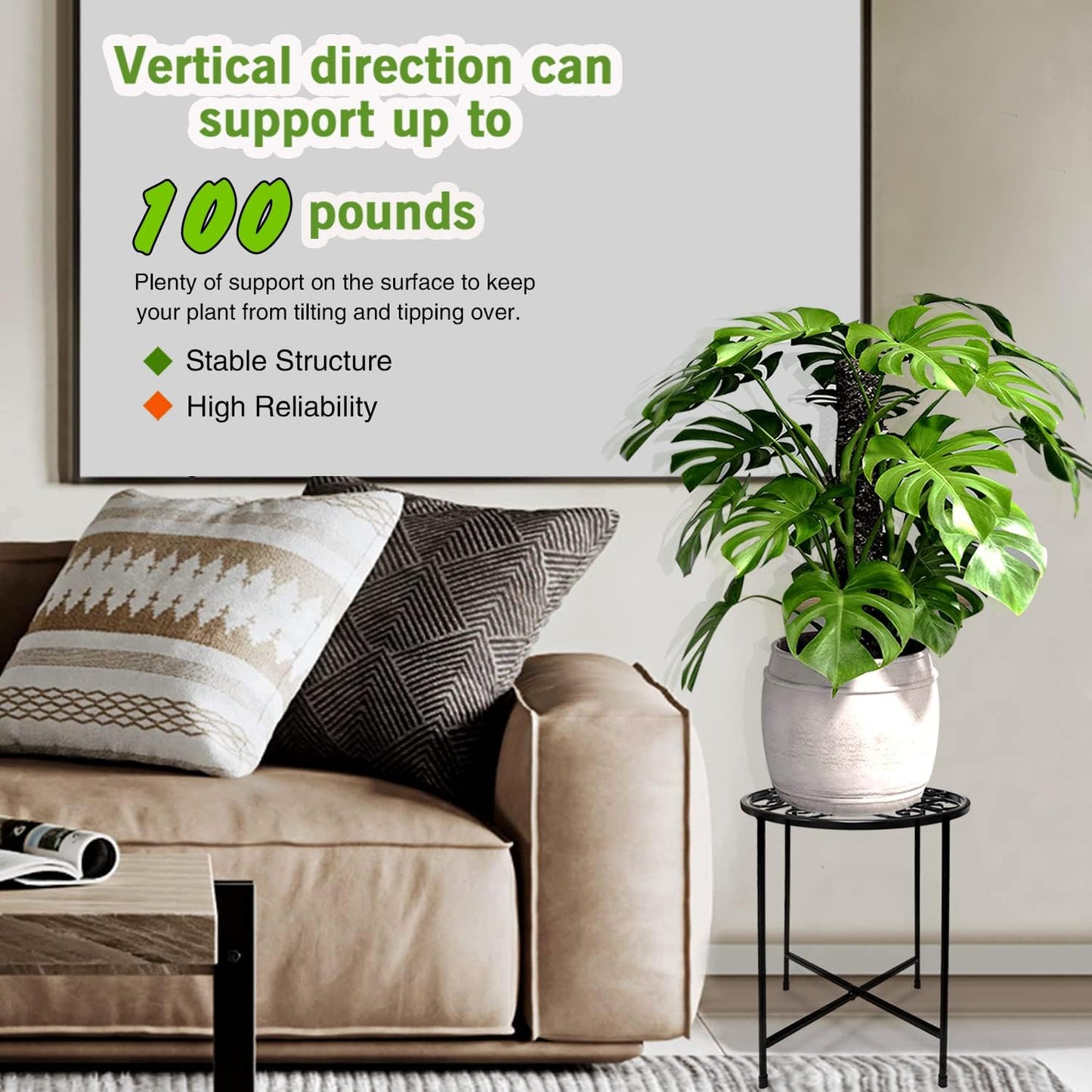 15" Tall Metal Plant Stand, 11" Wide Round Plant Stand for Flower Pots Up to 100lbs, Rustproof Iron Plant Holder for Indoor Outdoor Use, Easy Assemble Flower Stand for Home Garden Display Greenery