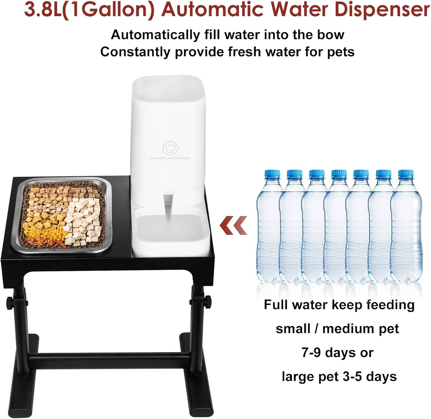 Elevated Dog Bowls with Water Dispenser and 304 Stainless Steel Bowl, Adjustable to 6 Heights, 2.75" to 14.6", Raised Dog Food Bowls for Small, Medium & Large Sized Dogs, Tilted Angle