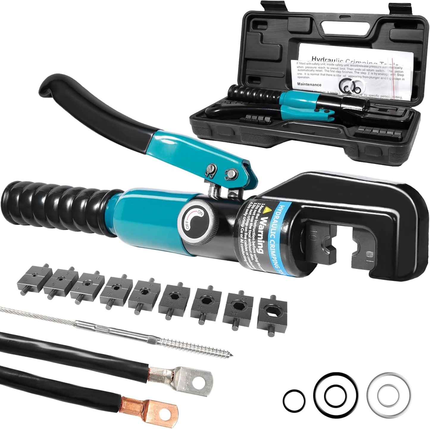 10 Tons Hydraulic Crimping Tool with 9 Dies - Battery Cable Crimper Tool & Wire Rope Crimping Tool for 12 to 2/0 AWG, 1/16" 1/8" 3/16" Stainless Steel Cable Railing Tool