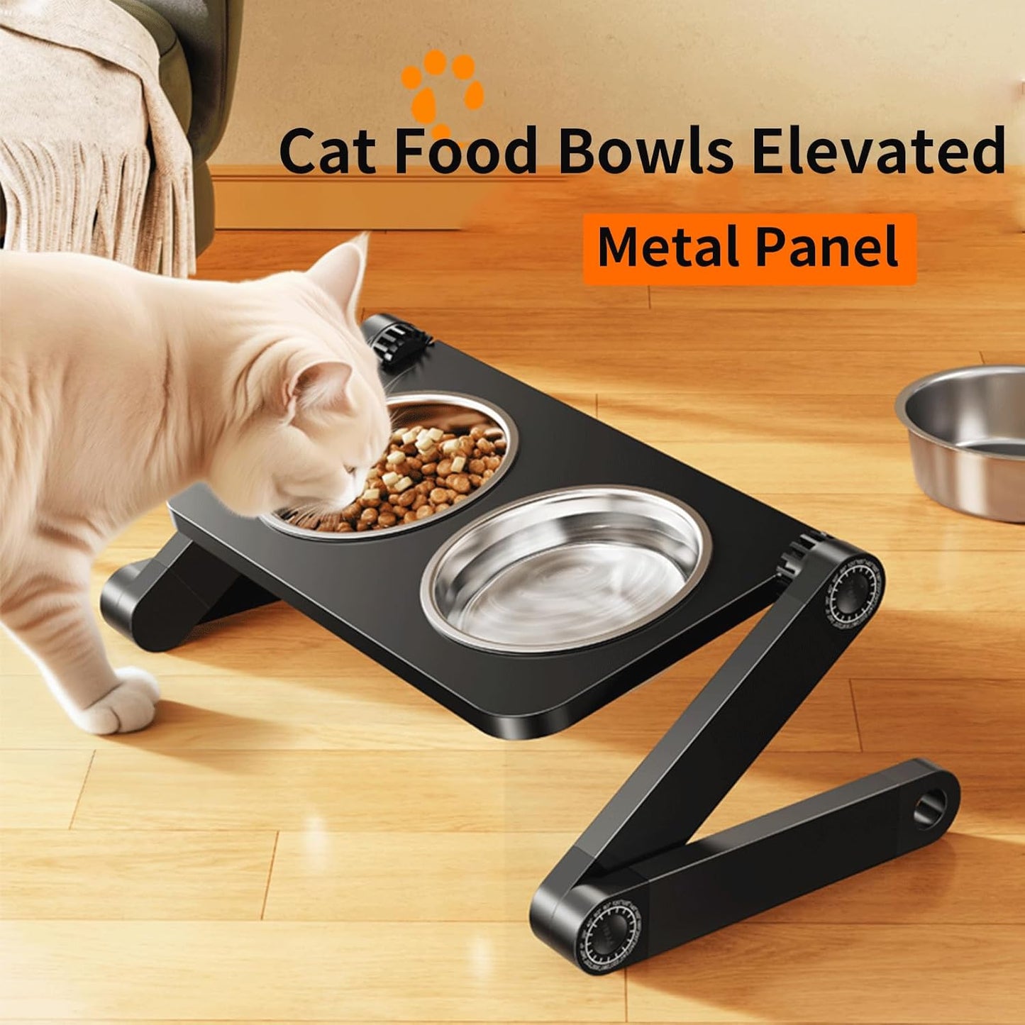 Adjustable Height & Angle Elevated Cat Bowls and Small Raised Dog Bowl with 2 Removable Stainless Steel Bowls - Foldable Raised Feeding Station 15°Tilted Raised for Neck Relief(16.7" x 9"