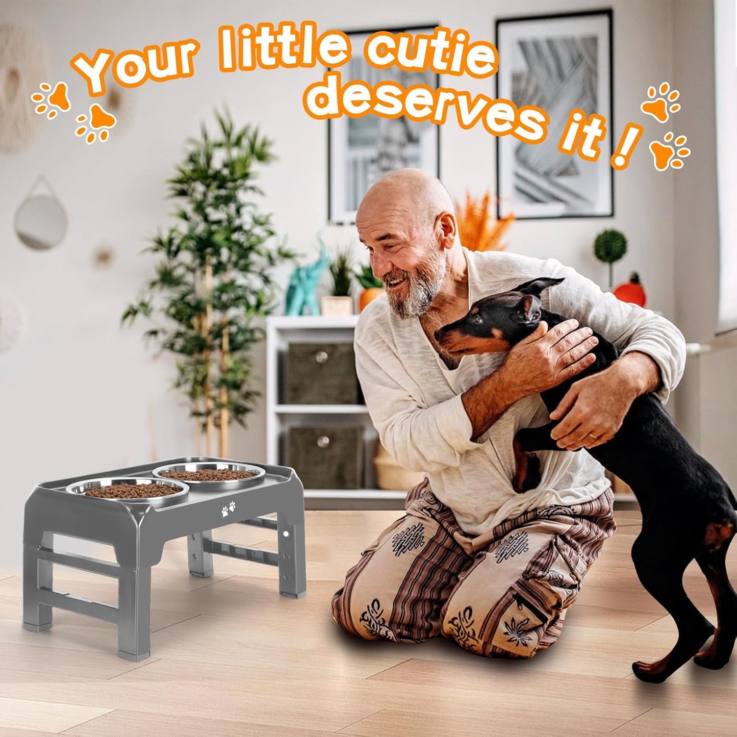 Elevated Bowls, 4 Height Adjustable Raised Stand With 2 Thick 50oz Stainless Steel Food Bowls, Non-Slip Feeder for Large Medium Dogs, Adjusts to 3.7", 9.2", 10.75", 12.36" Grey