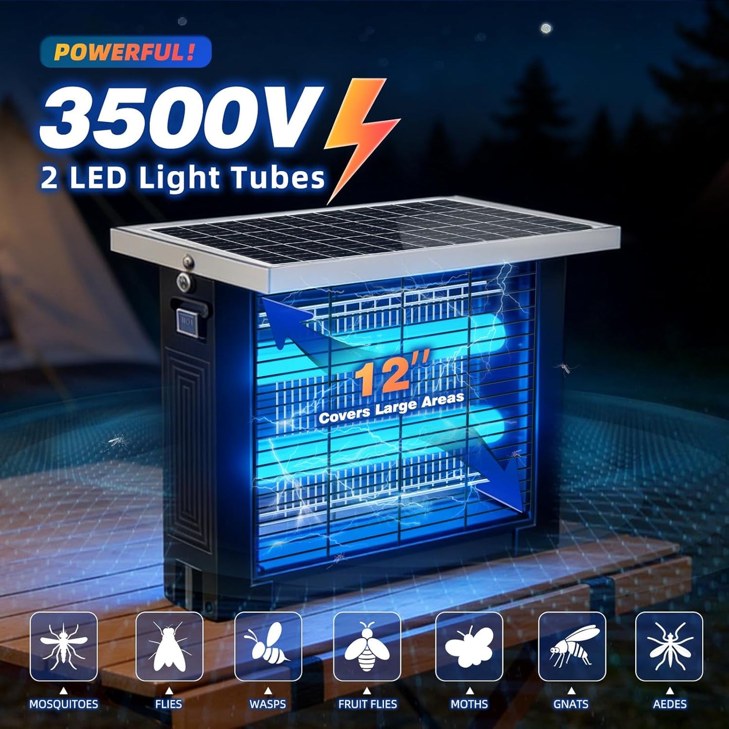 Solar Bug Zapper Outdoor for 2000 sq.ft, Portable Solar Mosquito Zapper with 13 FT Extension Cord, Rechargeable Electric Bug Zapper with High Powered for Patio Garden Backyard RV Camping Pest Control