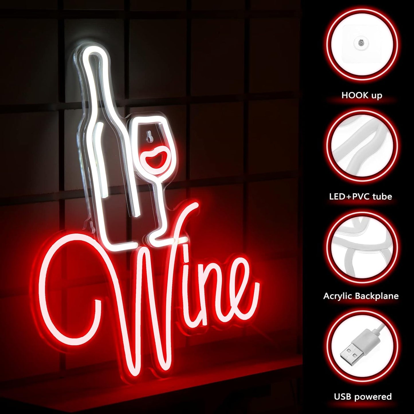Woanger Red LED Wine Neon Signs for Wall Decor Bar Neon Signs Decor LED with USB Cable Wine Lovers Gifts Party Decoration for Pub Club Drink Shop Kitchen Home Restaurant Wall Art