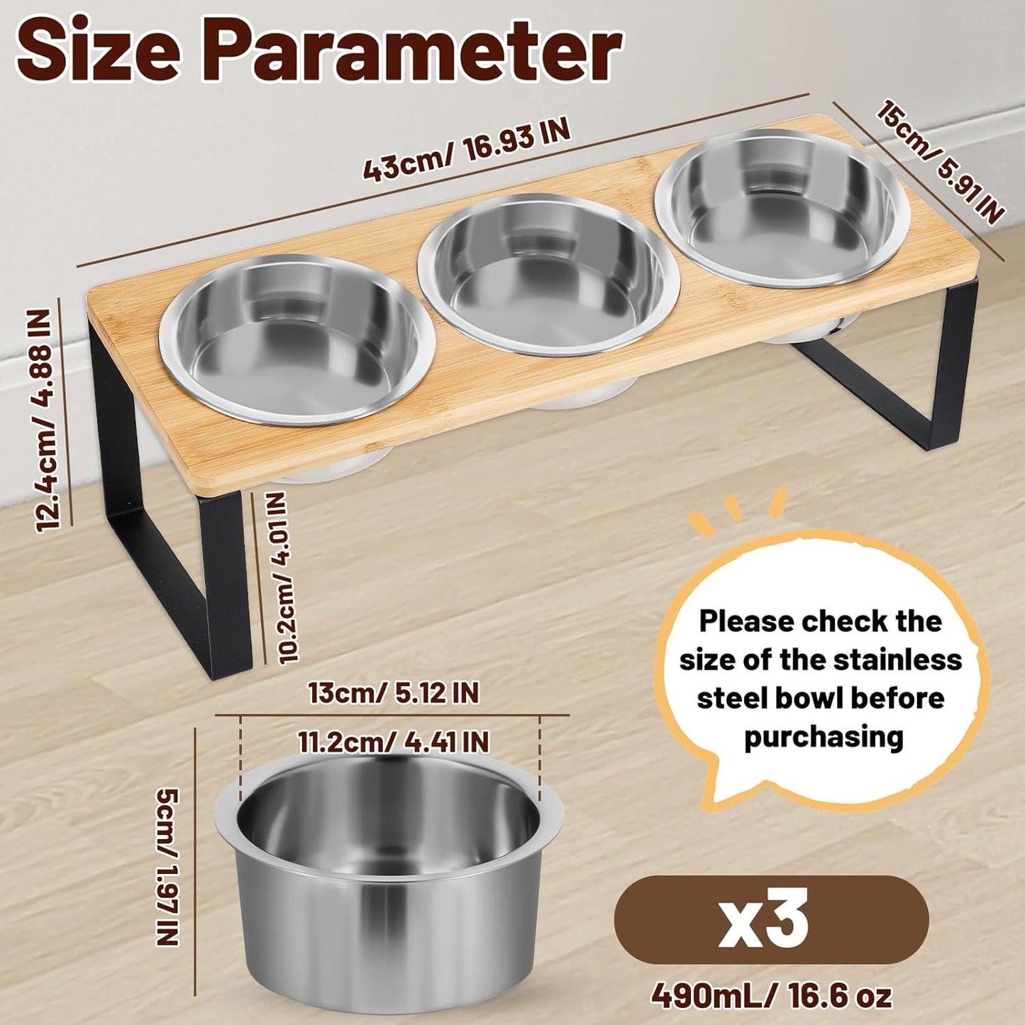 Elevated Cat Bowl, Raised Cat Food Bowls with 10° Tilted Stands, 3 Stainless Steel Bowls for Wet, Dry & Water, Hold by Bamboo Board, Anti Vomiting Cat Feeding Bowls with 4 Non-Slip Pads