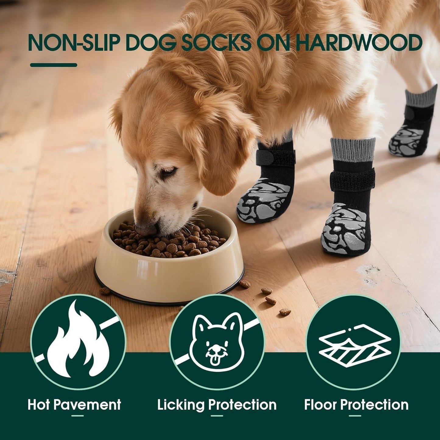 Kuoser Non-Slip Dog Socks, 4 Pcs Socks to Prevent Licking Paws, Paw Protectors for Hot Pavement, Hardwood Floors, Traction Control for Small, Medium, Large Dogs