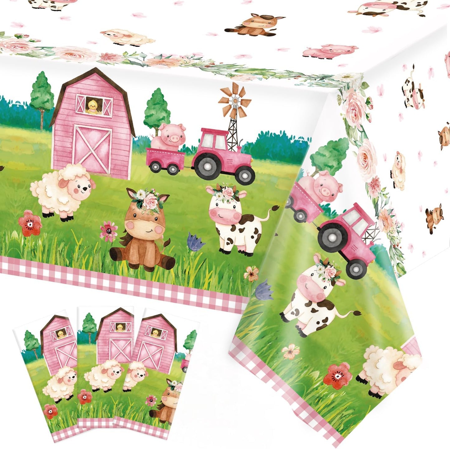Oigco 3Pcs Farm Animal Birthday Party Tablecloth Disposable Farm House Barnyard Theme Party Supplies Covers for Girls' Birthday Decorations, 54 x 108 Inches