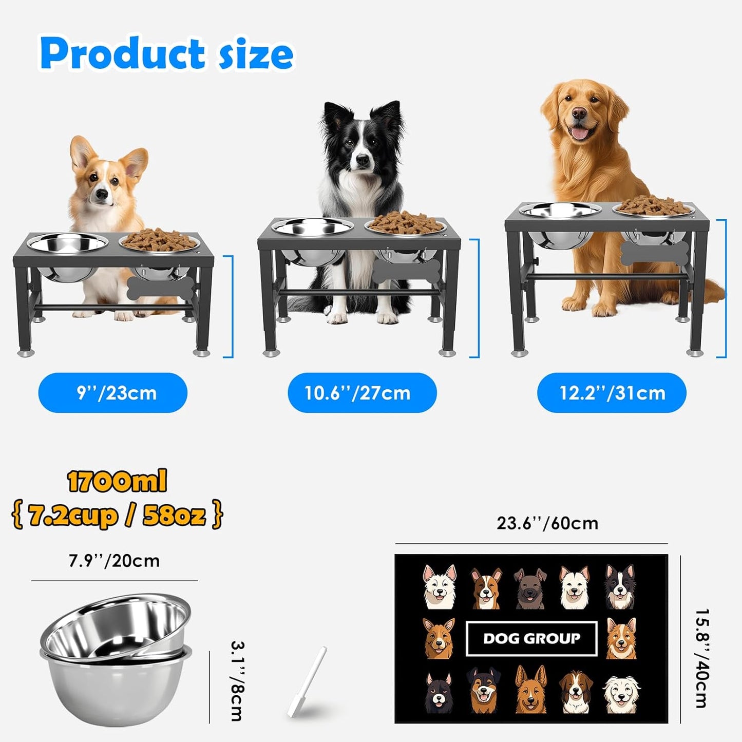 SHAINFUN Elevated Dog Bowls with Mat for Medium Large Dogs, Raised Dog Bowl Stand with 2 Stainless Steel 58oz Bowls, Tall Dogs Food Water Bowl Holder